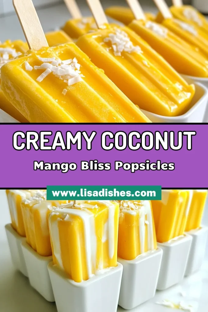 Indulge in the tropical flavors of these creamy mango popsicles made with coconut milk! This healthy popsicle recipe features fresh, ripe mangoes blended with creamy Greek yogurt and coconut milk for a refreshing homemade mango dessert. Perfect for hot summer days, these coconut milk popsicles are sure to satisfy your cravings. Try your hand at these delicious tropical fruit popsicles and beat the heat! Save this recipe! #CoconutMangoPopsicles #HealthyDessert #MangoPopsicles #TropicalTreats