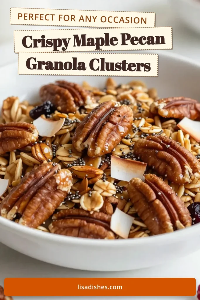 Indulge in the ultimate Maple Pecan Granola Clusters! This delicious granola clusters recipe is perfect for a healthy snack or breakfast. Made from wholesome ingredients like rolled oats, pecans, and pure maple syrup, this homemade granola is both tasty and gluten-free. Enjoy clusters of crunchy goodness that are easy to make and highly satisfying. Try this healthy granola recipe today and elevate your snacking game! Save and share! #MaplePecanGranola #GranolaClustersRecipe #HealthyGranolaRecipe #GlutenFreeGranola