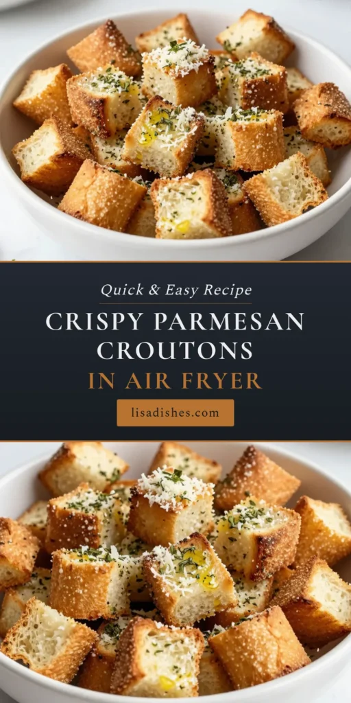 Looking for a delicious way to elevate your salads? Try this easy crouton recipe for Parmesan herb croutons! Made in the air fryer, these crispy croutons are perfect for adding flavor and crunch to your homemade croutons for salad. In just 20 minutes, you'll have golden, flavorful air fryer croutons that everyone will love. Don't miss out—save this air fryer croutons recipe for your next meal! #Croutons #AirFryerRecipes #HomemadeCroutons #EasyRecipes