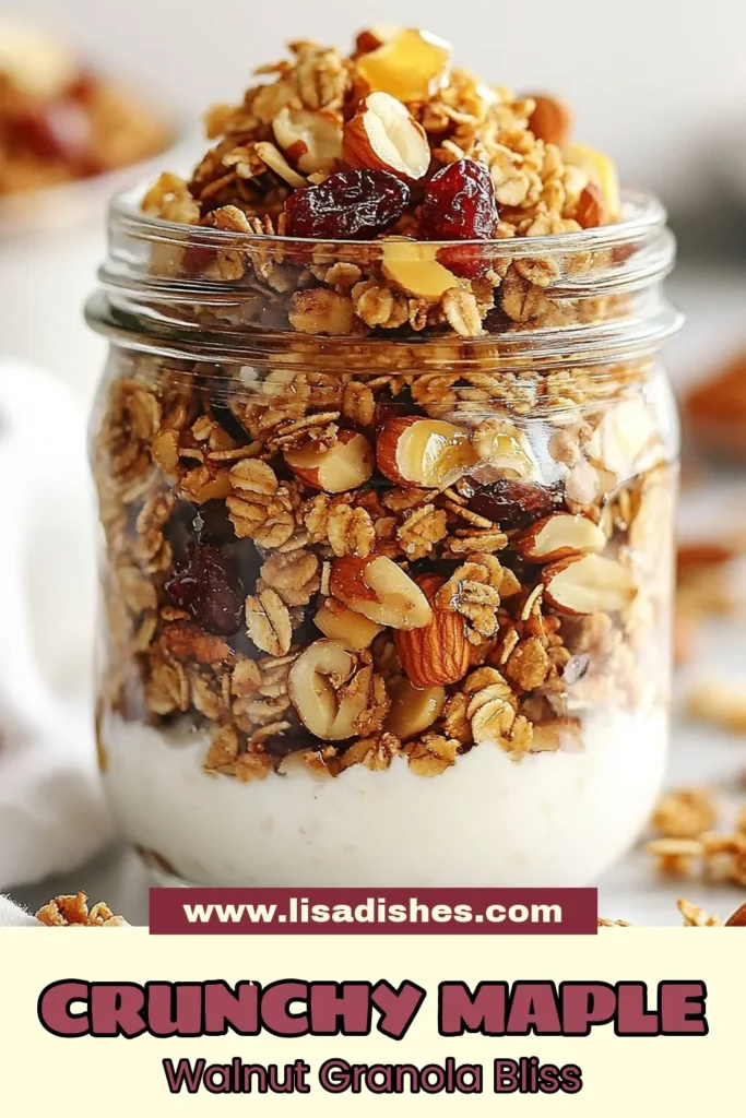 Discover the perfect balance of flavor and crunch with this Maple Walnut Granola Clusters recipe! Packed with wholesome ingredients, this healthy breakfast granola offers a delicious way to start your day. In just 35 minutes, you can create tasty homemade granola bars filled with crunchy granola and coconut. Enjoy your mornings with these delightful clusters. Save this recipe for your healthy breakfast ideas! #GranolaClusters #MapleWalnutGranola #HealthyBreakfast #HomemadeGranola