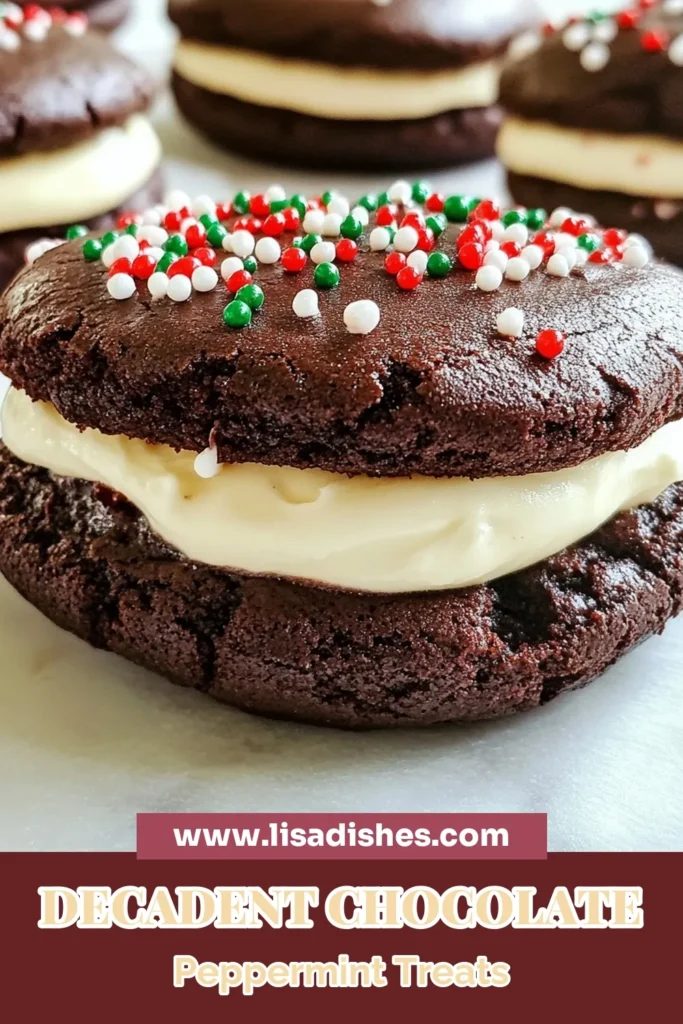 Indulge in the festive spirit with these delectable Chocolate Peppermint Whoopie Pies! This easy recipe combines rich chocolate whoopie pies with creamy peppermint cream cheese frosting, perfect for holiday baking ideas. Elevate your dessert table with these delightful peppermint dessert recipes that are sure to impress. Try this festive cookie recipe today and share the joy! Save now! #ChocolateWhoopiePies #PeppermintDessertRecipes #HolidayBakingIdeas #FestiveCookieRecipes