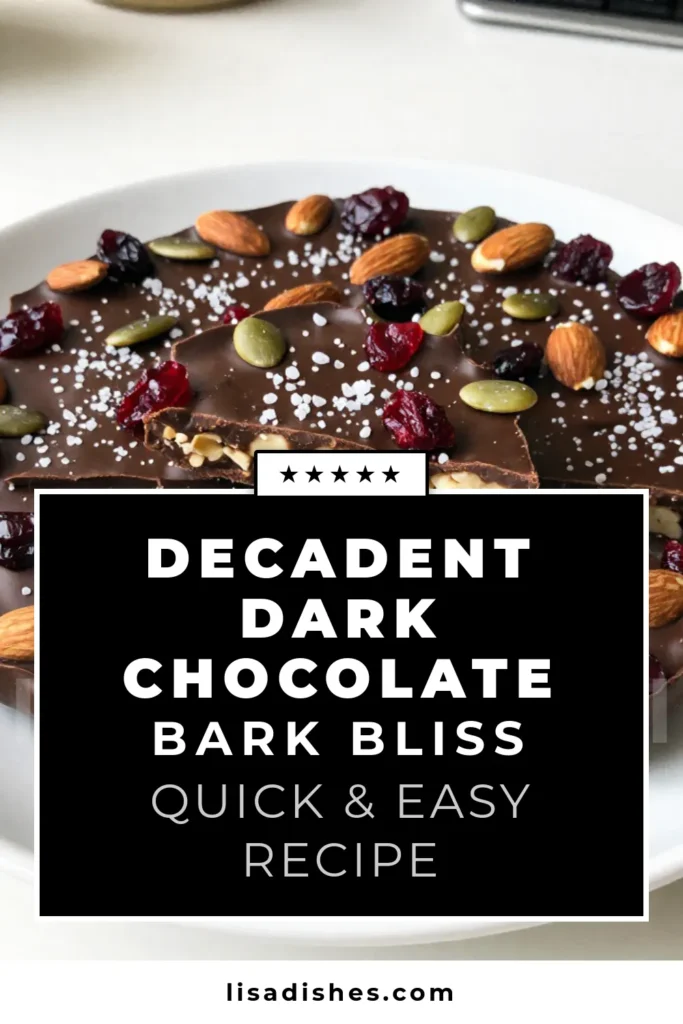 Indulge in this easy dark chocolate bark recipe featuring a delicious blend of roasted almonds, dried cranberries, and crunchy pumpkin seeds, all topped with a sprinkle of sea salt. Perfect for homemade chocolate snacks or sea salt chocolate treats, this almond cranberry chocolate bark is sure to impress. Discover other easy chocolate bark ideas and make your own delicious creations today! Try this treat and savor the flavor! #DarkChocolateBark #ChocolateTreats #HomemadeSnacks #BakingInspiration