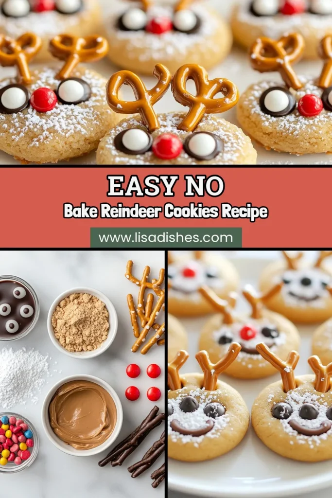 Get into the holiday spirit with these adorable no-bake reindeer cookies! This easy Christmas treat combines creamy peanut butter, graham cracker crumbs, and fun decorations for a simple no-bake dessert perfect for festive gatherings. In just 20 minutes of prep, you can create delightful festive peanut butter cookies that kids will love. Try this holiday cookie recipe and spread the cheer! Save this recipe for later. #NoBakeReindeerCookies #EasyChristmasTreats #HolidayCookieRecipe #FestivePeanutButterCookies