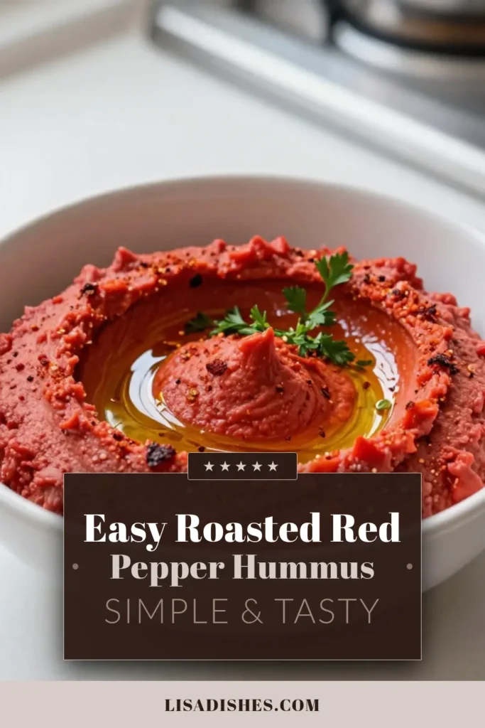 Discover the delightful flavors of roasted red pepper hummus with this easy hummus dip recipe! Perfect for a quick appetizer or healthy snack, this chickpea hummus recipe is packed with nutrients. Whip up this healthy hummus recipe in just 10 minutes and enjoy tahini hummus variations by adding your favorite spices! Save this recipe for your next gathering and impress your friends! #RoastedRedPepperHummus #HealthyHummusRecipe #EasyHummusDip #ChickpeaHummusRecipe