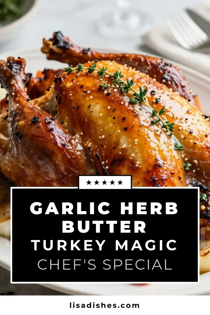 Discover the ultimate Garlic Herb Butter Roasted Turkey recipe for your Thanksgiving feast! This easy roasted turkey recipe ensures juicy, flavorful meat with perfectly crispy skin. Infused with garlic and fresh herbs, this herb butter turkey will be the highlight of your holiday table. Learn the secrets to a delicious Thanksgiving turkey preparation that will impress your guests. Save this recipe now for a memorable holiday! #ThanksgivingTurkey #RoastedTurkeyRecipe #CrispySkinTurkey #HerbButterTurkey