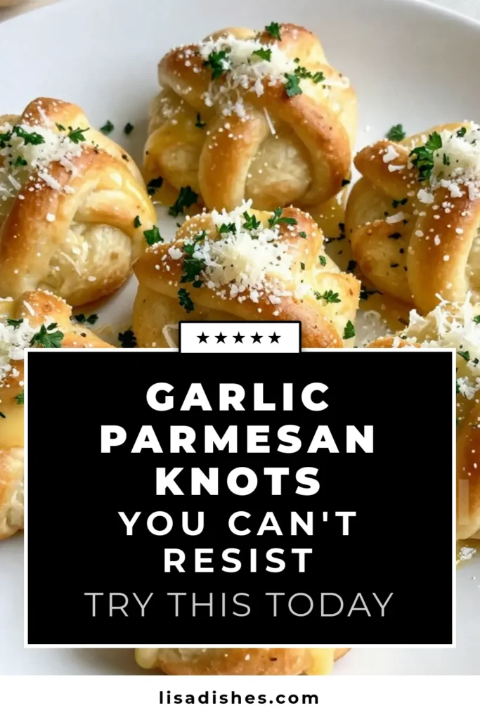 Indulge in these delicious Garlic Butter Parmesan Knots, the perfect addition to any meal! This easy pizza dough knots recipe features rich flavors of garlic butter and topped with Parmesan for an irresistible snack. Impress your guests with homemade garlic parmesan knots that are quick to prepare. Enjoy them warm with marinara sauce, perfect for dipping! Click to save this easy garlic knots recipe for later. #GarlicKnots #ParmesanBreadsticks #PizzaDoughKnots #Appetizers