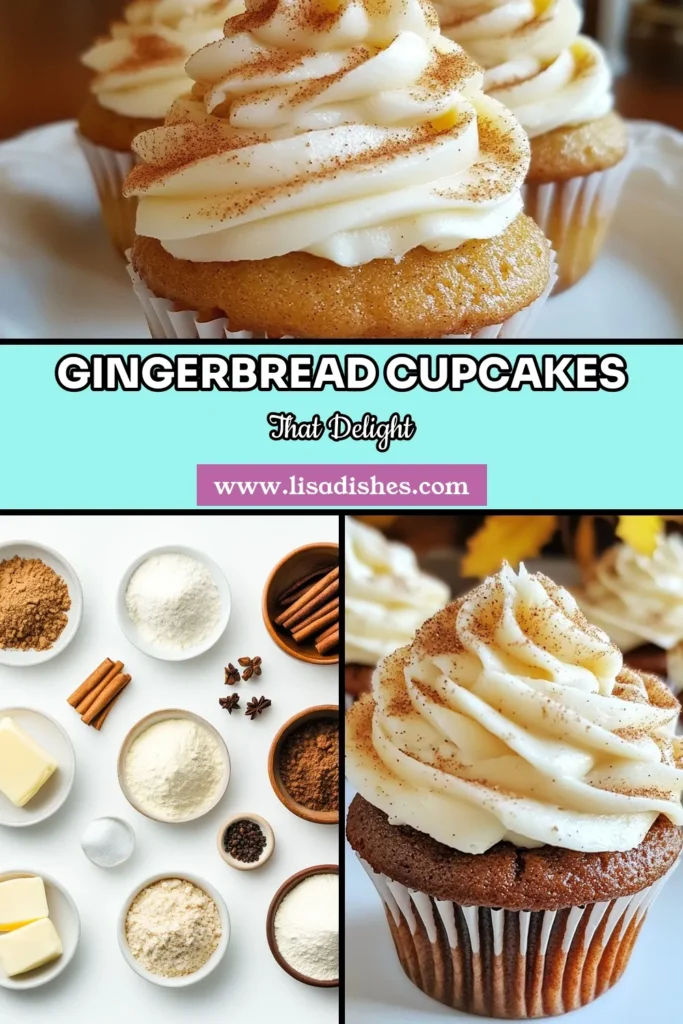 Indulge in the warmth of the season with these delightful gingerbread cupcakes topped with creamy cream cheese frosting! This holiday cupcake recipe is perfect for Christmas baking recipes and festive desserts. Easy to make, these flavorful treats will become a holiday favorite. Make your celebrations sweeter by trying this recipe today! Save this post for your next baking adventure! #GingerbreadCupcakes #HolidayCupcakeRecipe #FestiveDesserts #ChristmasBakingRecipes