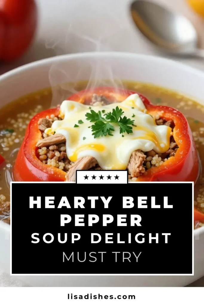 Discover this delicious stuffed bell pepper soup recipe that's not only easy but also healthy! Packed with ground turkey and quinoa, this nutritious soup is perfect for a comforting meal. With vibrant bell peppers and savory flavors, it's a wholesome rendition of the classic stuffed peppers. Try this easy bell pepper soup today and enjoy a warm, filling dish. Save this recipe for your next family dinner! #StuffedBellPepperSoup #HealthySoup #GroundTurkeySoup #EasyRecipes