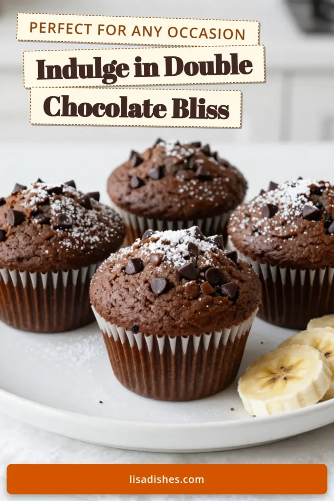 Indulge in these delicious double chocolate banana muffins! This easy chocolate banana muffins recipe combines ripe bananas and rich chocolate for a moist treat that everyone will love. Packed with chocolate chips and ready in just 30 minutes, these banana muffins with chocolate chips are perfect for breakfast or dessert. Try making these delightful moist banana chocolate muffins today and elevate your baking game! Save and share! #DoubleChocolateBananaMuffins #ChocolateBananaMuffinsRecipe #EasyChocolateBananaMuffins #BananaMuffinsWithChocolateChips