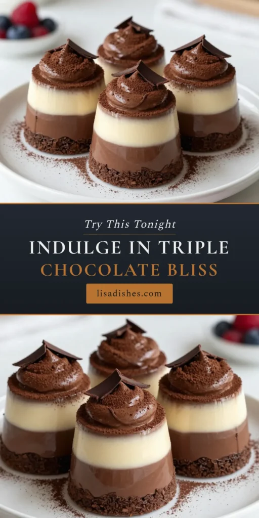 Indulge in this irresistible Triple Chocolate Mousse Cake, a decadent chocolate dessert that will impress your guests! This easy chocolate cake recipe features layers of dark, milk, and white chocolate mousse for a rich flavor experience. Perfect for special occasions or a sweet treat at home. Try this chocolate mousse recipe today and satisfy your chocolate cravings! Save and share for later! #TripleChocolateMousseCake #ChocolateMousseRecipe #DecadentDessert #EasyChocolateCakeRecipe