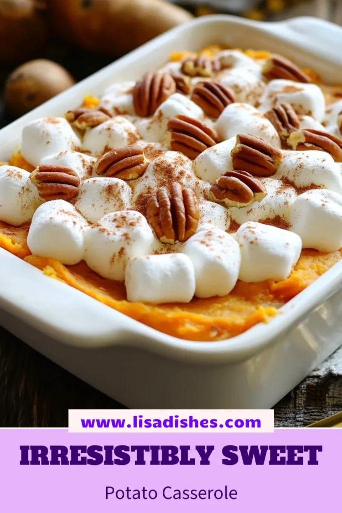 Indulge in the sweetness of this Sweet Potato Casserole, the perfect Thanksgiving Sweet Potato Dish! This Easy Sweet Potato Casserole features creamy mashed sweet potatoes topped with fluffy marshmallows for a delightful Marshmallow Sweet Potato Bake. Transform your holiday table with this delicious Sweet Potato Dessert Recipe that's sure to impress. Save this recipe for a festive treat! #SweetPotatoCasserole #ThanksgivingRecipe #MarshmallowBake #HolidayDessert
