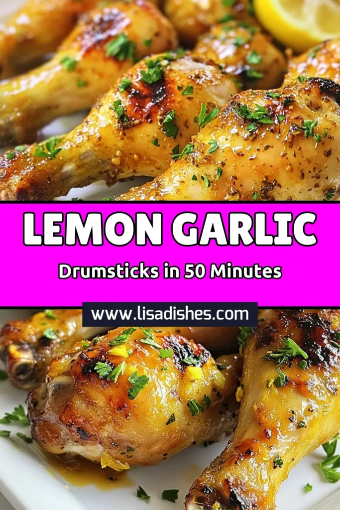 Discover the perfect baked chicken drumsticks recipe with these Lemon Garlic Chicken Drumsticks. Marinated in a delicious garlic lemon marinade, these easy chicken drumsticks are crispy and bursting with flavor. Simply prep, bake, and enjoy a succulent meal that your family will love! Try this recipe today for mouthwatering results. Save this for your next dinner! #lemongarlicchickendrumsticks #crispyovenbakedchicken #easychickendrumsticks #bakedchickendrumsticks