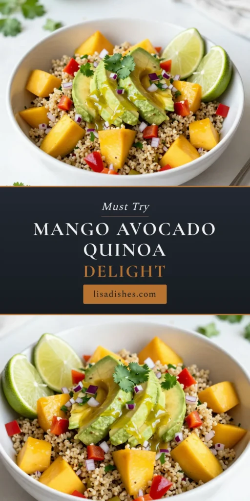 Discover the vibrant flavors of this Mango Avocado Quinoa Salad, a perfect healthy quinoa salad recipe for any occasion! Packed with fresh mango, creamy avocado, and a zesty lime dressing, this tropical quinoa salad is not only delicious but also nutritious. Ideal as a light lunch or a side dish, this avocado salad with mango will impress everyone. Save this quinoa salad with lime dressing recipe for your next meal! #HealthyRecipes #QuinoaSalad #TropicalFlavors #CleanEating