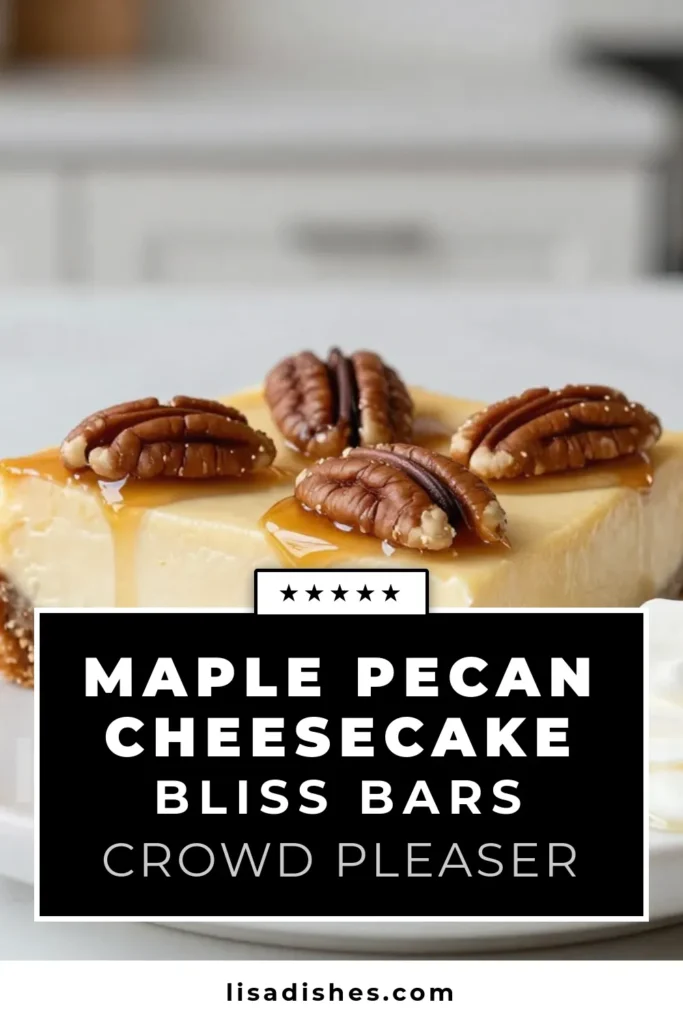 Indulge in delightful Maple Pecan Cheesecake Bars with this easy cheesecake bars recipe! Perfect for any occasion, these maple dessert recipes feature a creamy cheesecake base filled with toasted pecans on a buttery graham cracker crust. You’ll love how simple they are to make. Try this delicious pecan dessert bars treat today! Save and share for a sweet surprise! #MaplePecanCheesecake #CheesecakeBarsRecipe #MapleDessert #PecanDessertBars