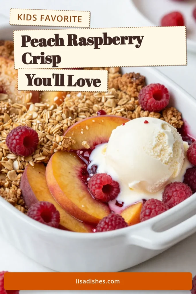 Discover the perfect summer treat with this delicious peach raspberry crisp recipe! This easy fruit crisp dessert combines juicy peaches with tart raspberries for a mouthwatering baked peach raspberry dessert. Whip up this homemade peach crisp with raspberries in no time using fresh ingredients. Perfect for family gatherings or a cozy evening at home. Save this summer fruit crumble recipe for your next baking adventure! #PeachRaspberryCrisp #FruitCrisp #CrumbleRecipe #SummerDesserts