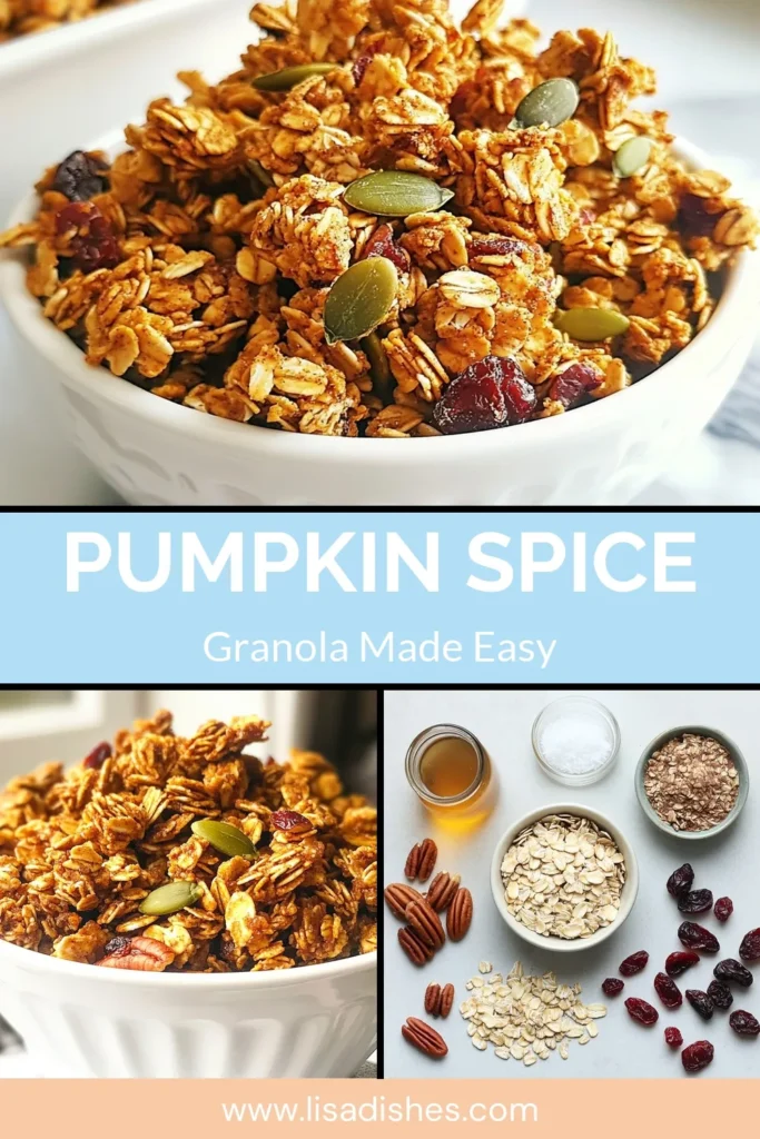 Savor the flavors of fall with this delicious pumpkin spice granola recipe! Perfect as a healthy snack, these homemade granola clusters are packed with nutritious pumpkin seeds and pecans. This easy granola snack recipe is ideal for breakfast or on-the-go. Nutty, sweet, and loaded with pumpkin goodness, it’s a must-try healthy pumpkin granola. Get the recipe today and enjoy crunchy pumpkin granola with seeds! #PumpkinSpice #HealthySnack #GranolaClusters #HomemadeGranola