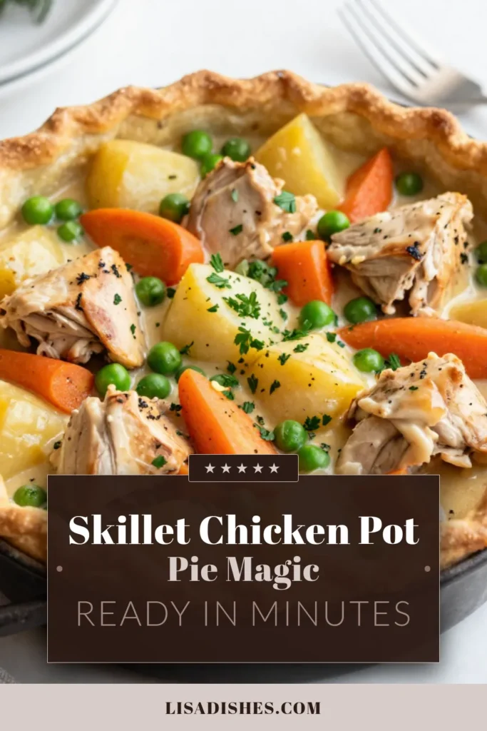 Looking for an easy chicken pot pie recipe? This one-skillet chicken pot pie is the perfect comfort food that comes together in no time! Packed with tender chicken, fresh veggies, and topped with a flaky crust, it’s one of the best quick dinner recipes for families. Enjoy homemade pot pie that’s hearty and satisfying. Save this recipe for dinner tonight! #ComfortFood #QuickDinnerRecipes #ChickenPotPie #HomemadePotPie