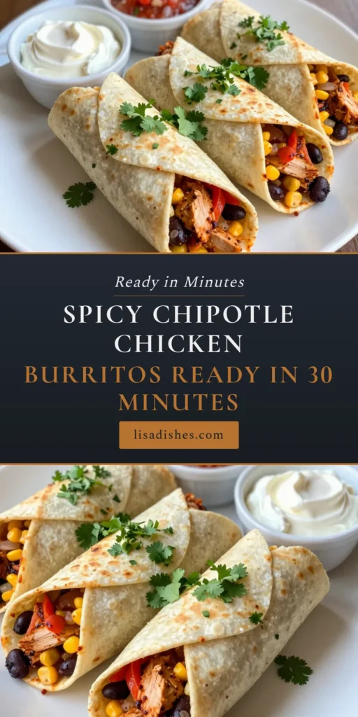 Discover the ultimate spicy chipotle chicken burritos that are bursting with flavor! This easy burrito recipe combines juicy chicken burrito fillings, zesty chipotle, and nutritious black beans for a delightful homemade chipotle burritos experience. Perfect for meal prep or a quick dinner, these delicious burritos are ready in just 30 minutes! Try this burrito recipe with black beans today and wow your taste buds. Save and share your creations! #BurritoRecipe #Chipotle #EasyRecipes #FoodieMoments