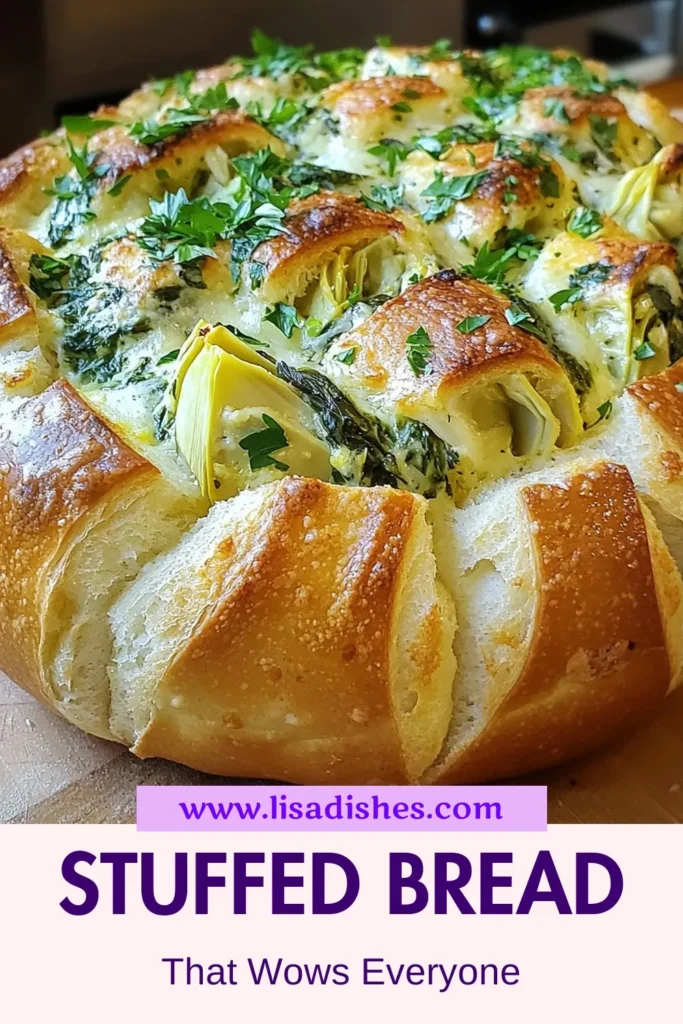 Indulge in this delicious spinach artichoke stuffed bread, a perfect addition to any gathering. This sourdough stuffed bread recipe combines fresh spinach and savory artichokes in a creamy spinach dip bread that everyone will love. Baked to perfection, this savory party bread recipe is ideal for sharing. Make it for your next event and watch it disappear! Save the recipe now! #SpinachArtichokeBread #PartyAppetizers #SourdoughRecipe #SavorySnacks