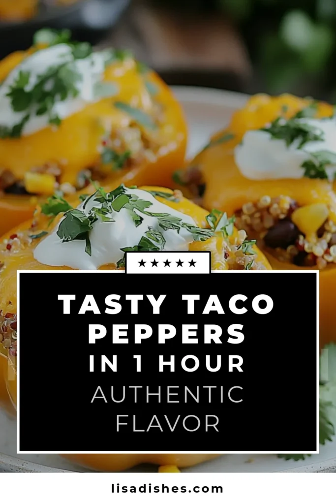 Looking for a delicious and nutritious meal? Try these Taco Stuffed Bell Peppers! This healthy stuffed peppers recipe features ground turkey, black beans, and quinoa, making it a perfect easy taco dinner for the whole family. You can even make vegetarian taco bell peppers by substituting the meat. Whip up this flavorful dish tonight! Save this recipe for later! #TacoStuffedBellPeppers #HealthyRecipes #EasyDinner #StuffedPeppers