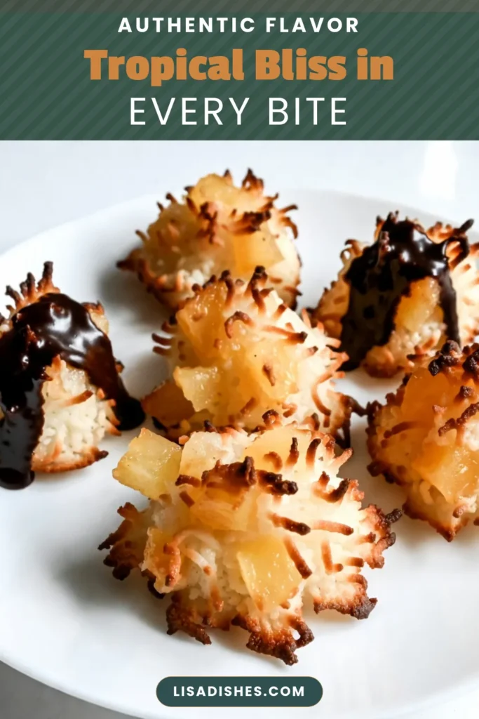 Indulge in this delightful tropical macaroons recipe featuring scrumptious pineapple and coconut! These easy macaroon cookies are gluten-free and perfect for any occasion. Drizzled with chocolate, these coconut pineapple desserts will impress all your guests. Get ready to savor the flavors of paradise with every bite. Pin this recipe and treat yourself to gluten-free coconut snacks today! #TropicalMacaroons #EasyMacaroonCookies #CoconutPineappleDessert #ChocolateDrizzledMacaroons