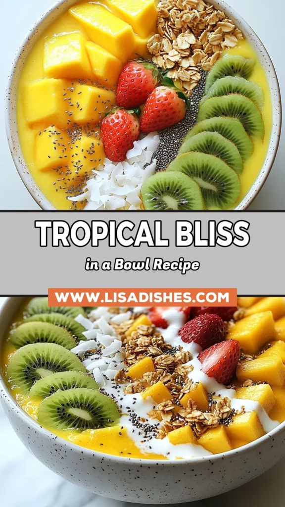 Indulge in a delicious Coconut Mango Smoothie Bowl that’s perfect for breakfast or a healthy snack. This easy smoothie bowl recipe offers a refreshing tropical twist with ripe mango, creamy coconut milk, and nutritious toppings. Customize your dairy-free smoothie bowl with fresh fruits, granola, and chia seeds for a vibrant presentation. Dive into this delightful recipe and enjoy the sunshine in a bowl! Save this for your next treat! #CoconutMangoSmoothieBowl #HealthySmoothieBowlRecipe #TropicalSmoothieBowl #DairyFreeSmoothieBowl