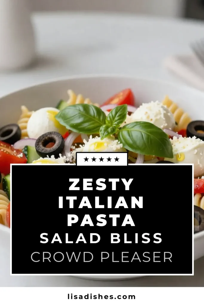 Discover the ultimate Italian pasta salad recipe with our Zesty Italian Pasta Salad! This easy pasta salad with olives features vibrant cherry tomatoes, cucumber, and creamy mozzarella, perfect for summer gatherings. Tossed in a zesty dressing, it’s a refreshing dish that everyone will love. Make your summer brighter with this flavorful Italian salad with mozzarella—save this recipe today! #ItalianPastaSalad #ZestyPastaSalad #EasyPastaSalad #SummerSalad
