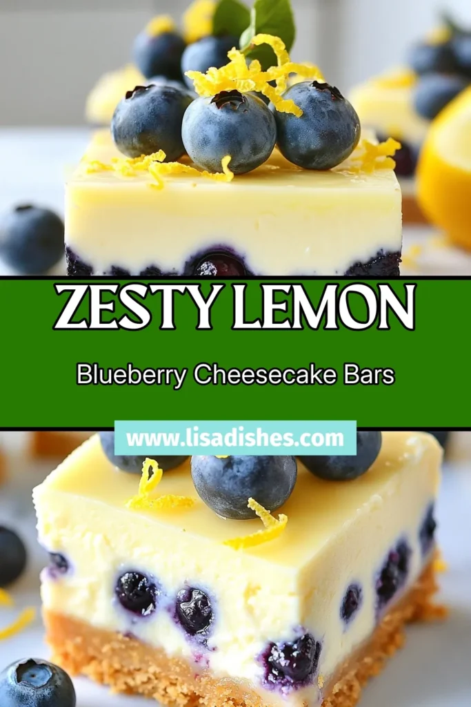 Indulge in these delightful Lemon Blueberry Cheesecake Bars, a perfect cream cheese dessert recipe that’s easy to make and sure to impress! With a buttery graham cracker crust, creamy lemon filling, and fresh blueberries, this no-bake cheesecake variation is a fresh blueberry dessert you'll love. Great for gatherings or a sweet treat at home. Save this easy cheesecake bars recipe and make every day special! #CheesecakeBars #LemonDessert #BlueberryDessert #NoBakeCheesecake