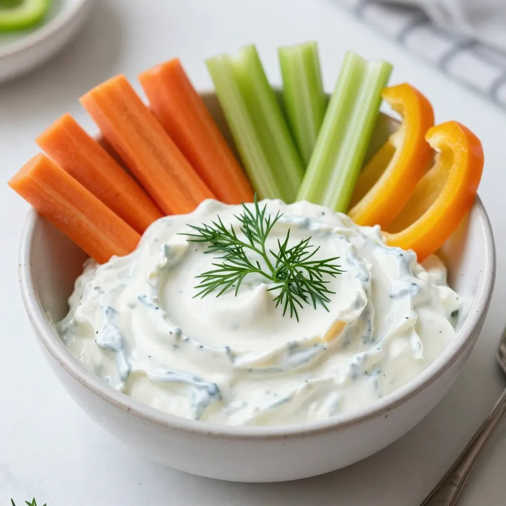 To make this creamy Greek yogurt ranch dip, you’ll need these simple items: - 1 cup plain Greek yogurt - 1/4 cup mayonnaise - 1 tablespoon apple cider vinegar - 1 teaspoon garlic powder - 1 teaspoon onion powder - 1 teaspoon dried dill - 1 teaspoon dried parsley - 1/2 teaspoon salt - 1/2 teaspoon black pepper - 1/4 teaspoon smoked paprika - Fresh vegetables (like carrots, celery, and bell peppers) for dipping Greek yogurt is a smart choice for your dip. It is thick and creamy, which gives a great texture. It’s also full of protein, helping you feel full longer. Greek yogurt has probiotics, which are good for your gut health. These tiny helpers can improve digestion and boost your immune system. Using Greek yogurt instead of sour cream or heavy creams cuts down on fat. This makes the dip a healthier option. Plus, it packs in calcium, keeping your bones strong. Fresh veggies are the best for dipping. They add crunch and color to your plate. Here are some tasty options: - Carrots: Sweet and crunchy, great for scooping. - Celery: Crisp and refreshing, a classic choice. - Bell peppers: Colorful and sweet, perfect for your ranch dip. - Cucumber: Cool and hydrating, a nice balance to the rich dip. Feel free to mix and match these veggies for a fun presentation. They not only taste good but also look great on your table! {{ingredient_image_1}} To make this creamy Greek yogurt ranch dip, start with a medium bowl. First, add 1 cup of plain Greek yogurt. Next, mix in 1/4 cup of mayonnaise. Stir these two until smooth and creamy. Now, add 1 tablespoon of apple cider vinegar and mix well. This gives a nice tang to the dip. Then, sprinkle in 1 teaspoon each of garlic powder, onion powder, dried dill, and dried parsley. Add 1/2 teaspoon of salt and black pepper too. For a unique touch, include 1/4 teaspoon of smoked paprika. Mix everything thoroughly until you see a uniform creamy texture. Taste the dip. If you want it bolder, adjust the seasoning. You can add more salt or herbs to fit your taste. After that, cover the bowl with plastic wrap. Let it chill in the fridge for at least 30 minutes. This waiting time lets the flavors blend. To get the best creamy texture, use full-fat Greek yogurt. This gives richness and creaminess. Make sure to mix the yogurt and mayonnaise well. This step is key for smoothness. If the dip feels too thick, add a splash of milk or more vinegar. This will help reach your desired consistency. Letting the dip chill is also important. Cold temperatures help the flavors meld. If you want an extra creamy dip, you can use a food processor. This will blend the ingredients even more finely. You can easily adjust the flavor of this dip. If you love garlic, add more garlic powder. For a herbier taste, increase the dill or parsley. If you like it spicy, try adding hot sauce or cayenne pepper. You can also switch the vinegar. Lemon juice can give a fresher taste. If you prefer a sweeter flavor, a bit of honey can work well. Always taste as you go. This helps you find the perfect balance for your dip. Store the creamy Greek yogurt ranch dip in an airtight container. This keeps it fresh and tasty. Place it in the fridge right after serving. It will last for about three days. If you want to keep it for longer, consider freezing it. However, the texture may change when thawed. Prepare the dip a day before your event. This allows the flavors to blend better. You can also chop your veggies in advance. Store them in water to keep them crisp. This way, your dip will be ready to go when you are. This dip works well for many events. Serve it at parties with a platter of fresh veggies. It’s great for game day snacks too. You can pair it with chips or crackers. For a healthy twist, add it to wraps or sandwiches. The options are endless! Pro Tips Chill for Flavor: Allow the dip to chill for at least 30 minutes before serving. This resting time helps the flavors meld together for a more delicious taste. Customize Your Herbs: Feel free to experiment with fresh herbs like chives or cilantro in place of dried herbs to enhance freshness and flavor. Smoky Twist: For an extra layer of flavor, try adding a dash of liquid smoke or more smoked paprika to complement the creaminess of the dip. Perfect Pairings: This dip is not only great with vegetables; it also pairs wonderfully with pita chips, crackers, or as a spread on sandwiches. {{image_2}} You can make a tasty twist by adding avocado. Just mash one ripe avocado and mix it into the dip. This adds creaminess and a rich flavor. Avocado also boosts the health benefits by adding healthy fats. It makes the dip smooth and gives it a nice green color. Serve it with fresh veggies, and you’ll have a hit at your next party. If you like spice, try adding some heat. You can mix in a teaspoon of cayenne pepper or hot sauce. This gives the dip a nice kick. You can also add diced jalapeños for a fresh, spicy touch. Adjust the spice level to suit your taste. A little heat adds fun and makes your dip stand out. Want a dairy-free version? Use a plant-based yogurt instead of Greek yogurt. Look for options made from almond, coconut, or soy. You can also swap mayonnaise for a dairy-free alternative. These changes keep the flavor while being kind to those with dairy allergies. Everyone can enjoy this dip without worry. To store leftover dip, place it in an airtight container. Make sure the lid seals tightly. This helps keep the dip fresh and tasty. You can also cover the bowl tightly with plastic wrap. Keep it in the fridge for up to four days. Always give it a stir before serving again. The main ingredients in this dip have good shelf lives. Plain Greek yogurt can last up to two weeks in the fridge. Mayonnaise also stays fresh for about two months after opening. Dried herbs, like dill and parsley, can last up to a year if stored in a cool, dark place. Garlic powder and onion powder last around three years when kept dry. You can freeze this dip, but the texture may change. To freeze, scoop the dip into a freezer-safe bag. Remove as much air as possible before sealing. Label the bag with the date and type of dip. You can freeze it for up to three months. When you’re ready to use it, thaw it in the fridge overnight. Stir well before serving to improve the texture. Yes, you can make this dip ahead of time. I often prepare it the night before a gathering. This gives the flavors time to mix well. Just store it in an airtight container in the fridge. It will taste even better after chilling for a few hours. If you want a mayo-free dip, use an extra cup of Greek yogurt. It keeps the dip creamy and adds more protein. You can also try using sour cream or a dairy-free yogurt. These options still keep the flavor tasty and fresh. To spice up the dip, add chili powder or cayenne pepper. Start with a little, then taste it. You can also mix in some hot sauce for a kick. Fresh jalapeños or diced peppers are great options too. Adjust the spice to match your taste! This blog post covered how to create a tasty Greek yogurt dip. We looked at the best ingredients, health perks, and suggested veggies. You learned simple step-by-step tips for a creamy texture and flavorful adjustments. I shared handy storage tips and quick hacks to save you time. We also explored tasty variations, storage info, and answered common questions. Remember, this dip is not just healthy; it’s fun to make. Enjoy your dips for any gathering or snack time. Your taste buds will thank you!