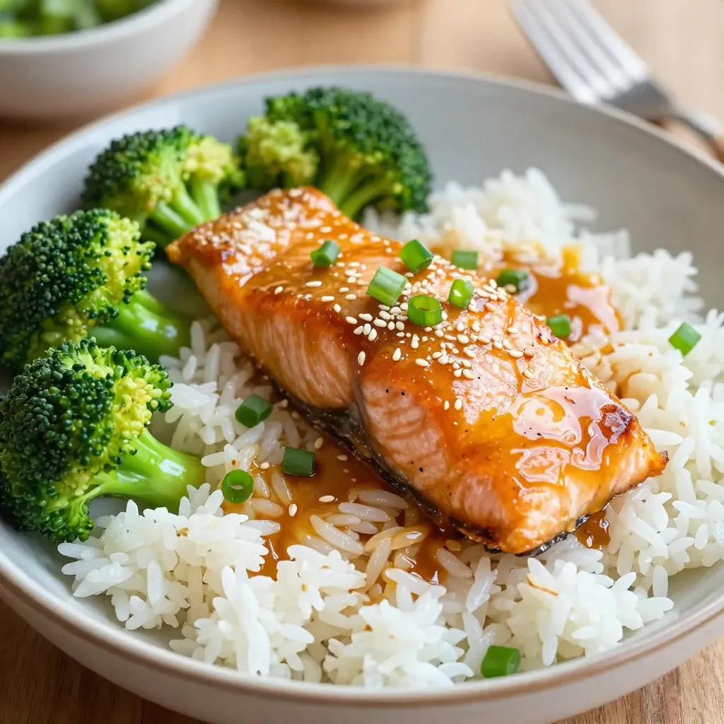 - 4 salmon fillets (about 6 oz each) - 1/4 cup honey - 3 tablespoons soy sauce (low sodium preferred) The main ingredients create the base of the dish. Salmon is rich and tasty. Honey adds a sweet touch. Soy sauce gives a salty flavor that balances the sweetness. - 3 cloves garlic, minced - 1 tablespoon fresh ginger, grated - Juice of 1 lemon Garlic brings a strong taste that pairs well with salmon. Ginger adds warmth and spice. Lemon juice brightens the flavors and gives a fresh kick. - Chopped green onions for garnish - Sesame seeds for garnish - 1 tablespoon olive oil Green onions add color and a mild onion flavor. Sesame seeds give texture and a nutty taste. Olive oil helps the glaze stick and adds richness. Using these ingredients, you can easily make a honey garlic glazed salmon that is both tasty and quick to prepare. {{ingredient_image_1}} First, grab a bowl. In this bowl, you will whisk together a few ingredients. Mix 1/4 cup honey, 3 tablespoons soy sauce, 3 minced garlic cloves, 1 tablespoon grated ginger, 1 tablespoon olive oil, and the juice of 1 lemon. This mix will be your marinade. Next, take 4 salmon fillets and place them in a ziplock bag or a shallow dish. Pour the marinade over the salmon, ensuring each piece gets coated well. Seal the bag tightly or cover the dish. Now, refrigerate the salmon for at least 30 minutes. This allows the flavors to soak in well. Time to get your oven ready! Preheat it to 375°F (190°C). While the oven heats, take the salmon out of the marinade. Make sure to save the marinade for the glaze later. Place the salmon fillets on a lined baking sheet. Ensure they are spaced apart for even cooking. Bake the salmon for 15 to 20 minutes. You will know it’s done when it flakes easily with a fork. While the salmon bakes, it’s time to make the glaze. Pour your reserved marinade into a small saucepan. Bring it to a boil, then reduce the heat. Let it simmer for about 5 minutes. This will thicken the marinade into a tasty glaze. Once the salmon is done baking, drizzle the thickened glaze over the fillets. The sweet and savory sauce will make the dish shine. Enjoy the flavors that come together in this easy recipe! Marinade time is key for flavor. I suggest marinating the salmon for at least 30 minutes. If you have more time, let it sit for up to 2 hours. This extra time allows the honey, soy sauce, and garlic to soak in well. You can adjust the sweetness by adding more honey or reducing it for less sweetness. If you want more saltiness, add a touch more soy sauce. This balance makes the glaze pop. Oven baking is my favorite method for this dish. Preheat your oven to 375°F (190°C) to ensure even cooking. Place the salmon on a lined baking sheet to avoid sticking. Check for doneness at 15 minutes. The salmon should flake easily with a fork. Using a food thermometer, aim for an internal temperature of 145°F for perfect results. Serve the honey garlic glazed salmon over jasmine rice or quinoa. Pair it with steamed broccoli or asparagus for a colorful plate. When plating, drizzle extra glaze over the salmon and veggies. Garnish with chopped green onions and sesame seeds for a nice touch. A well-presented dish makes every meal feel special. Pro Tips Marinate Longer for Deeper Flavor: For the best flavor, marinate the salmon for at least 1-2 hours, or even overnight if time allows. Use Fresh Ingredients: Fresh garlic and ginger will enhance the flavor profile of the dish significantly compared to dried or powdered versions. Check Doneness with a Fork: The salmon is perfectly cooked when it flakes easily with a fork. Avoid overcooking to keep it moist and tender. Serve with a Side of Greens: Pair the glazed salmon with steamed vegetables like broccoli or asparagus for a healthy and colorful meal. {{image_2}} You can change up the sweetener in this recipe. Try using maple syrup or agave for a twist. Both options create a unique flavor. You can also switch the salmon for other proteins. Chicken or tofu works well with the same glaze. Each swap gives you a new dish while keeping it simple. Grilling the salmon adds a smoky flavor. Just preheat the grill and cook each side for about six minutes. If you prefer pan-searing, heat a skillet with some oil. Cook the salmon for about 4-5 minutes on each side. Both methods bring out the delicious honey garlic taste. For a gluten-free option, use tamari instead of soy sauce. This swap keeps the dish safe for those with gluten allergies. If you want to lower carbs, serve the salmon with cauliflower rice. This keeps the meal light and healthy while still tasty. To keep your honey garlic glazed salmon fresh, store leftovers in the fridge. Use an airtight container to prevent odors. Place the salmon in the container and cover it well. It stays tasty for about three days. If you want to store it longer, freeze it. Wrap each fillet in plastic wrap, then place it in a freezer bag. Squeeze out the air before sealing. This way, the salmon can last up to three months in the freezer. To reheat salmon, the oven is your best friend. Preheat it to 350°F (175°C). Place the salmon on a baking sheet and cover it with foil. This keeps it moist. Heat for about 10 minutes, or until warm. You can also use a microwave. Place the salmon on a plate and cover it with a damp paper towel. Heat in short bursts of 30 seconds until heated. Be careful not to overcook it. This can dry out the fish and ruin the glaze. In the fridge, honey garlic glazed salmon lasts for three days. After that, it may spoil. Look for changes in color or texture. If it smells off, don't eat it. In the freezer, it can last up to three months. After that time, it may lose flavor and quality. Always check for freezer burn or ice crystals before cooking. If you see these signs, it's best to toss it out. To make Honey Garlic Glazed Salmon, follow these easy steps: 1. Make the Marinade: In a bowl, mix 1/4 cup honey, 3 tablespoons soy sauce, 3 minced garlic cloves, 1 tablespoon grated ginger, 1 tablespoon olive oil, and the juice of 1 lemon. Whisk it until smooth. 2. Marinate the Salmon: Place 4 salmon fillets in a ziplock bag. Pour the marinade over them. Seal the bag and chill in the fridge for at least 30 minutes. 3. Preheat the Oven: Set your oven to 375°F (190°C). 4. Prepare the Salmon: Take the salmon out of the marinade. Place the fillets on a lined baking sheet. Keep the marinade to make the glaze later. 5. Bake the Salmon: Bake for 15-20 minutes. Check for doneness by seeing if it flakes easily with a fork. 6. Make the Glaze: While the salmon bakes, pour the reserved marinade into a saucepan. Boil it, then lower the heat and simmer for about 5 minutes until it thickens. 7. Finish the Dish: Drizzle the thickened glaze over the cooked salmon. Garnish with chopped green onions and sesame seeds. Yes, you can use frozen salmon fillets. - Cooking from Frozen: If you cook from frozen, add a few extra minutes to the baking time. Make sure the salmon cooks through to 145°F (63°C). - Thawing: If you thaw the fillets, they absorb the marinade better. Place them in the fridge overnight or submerge them in cold water for a quick thaw. Honey Garlic Glazed Salmon pairs well with many side dishes. - Grains: Serve it over jasmine rice or quinoa. They soak up the glaze nicely. - Vegetables: Steamed broccoli or asparagus add color and balance. - Extra Glaze: Drizzle any extra glaze over your sides for more flavor. Feel free to mix and match sides to fit your taste! This blog covered making Honey Garlic Glazed Salmon. We discussed key ingredients like salmon, honey, and soy sauce. You learned how to marinate and bake the salmon, along with tips for perfecting the dish. Variations and storage tips enhanced your knowledge. You can enjoy this dish in many ways. Experiment with different flavors or cooking methods. Remember to store leftovers properly and enjoy this meal later. Now, you’re ready to impress with your new cooking skills!