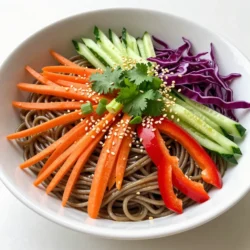 - 8 ounces soba noodles (or whole wheat spaghetti) - 1 tablespoon sesame oil - 1 cup shredded carrots - 1 red bell pepper, sliced thin - 1 cucumber, julienned - 3 green onions, chopped - 1/4 cup fresh cilantro, chopped - 1/2 cup red cabbage, finely shredded - 1/4 cup roasted sesame seeds For the dressing: - 3 tablespoons soy sauce (or tamari for gluten-free) - 2 tablespoons rice vinegar - 1 tablespoon fresh ginger, grated - 1 tablespoon honey (or maple syrup for vegan option) - 1 tablespoon lime juice - 1 clove garlic, minced - Salt and pepper to taste Gather these ingredients. Each one adds flavor and color to the salad. The soba noodles form the base. They are chewy and hearty. The vegetables bring a crisp texture and bright taste. Shredded carrots, red bell pepper, cucumber, and cabbage all shine in this dish. Fresh herbs, like cilantro, add a burst of aroma. The dressing is vital for flavor. Soy sauce gives it a salty kick. Rice vinegar adds tang, while ginger brings warmth. Honey or maple syrup balances the flavors with sweetness. Lime juice adds freshness. Garlic gives depth to the dressing. This mix coats the noodles and veggies, making each bite tasty. By using this list, you can create a vibrant and healthy dish. The bright colors and rich flavors make it a feast for the eyes and mouth. {{ingredient_image_1}} To cook the soba noodles, bring a pot of water to a boil. Add the noodles and cook for about 5-7 minutes. Check the package for exact times. You want them tender but not mushy. Once cooked, drain the noodles. Quickly rinse them under cold water. This stops the cooking and cools them down. In a large mixing bowl, add the cooled soba noodles. Drizzle 1 tablespoon of sesame oil over the noodles. Toss them gently, making sure every noodle gets coated. Next, add the veggies: 1 cup of shredded carrots, 1 thinly sliced red bell pepper, 1 julienned cucumber, 3 chopped green onions, 1/4 cup of fresh cilantro, and 1/2 cup of finely shredded red cabbage. Mix them well. In another bowl, whisk together the dressing. Use 3 tablespoons of soy sauce, 2 tablespoons of rice vinegar, 1 tablespoon of grated fresh ginger, 1 tablespoon of honey or maple syrup, 1 tablespoon of lime juice, and 1 minced garlic clove. Season the dressing with salt and pepper to taste. Pour the dressing over the noodle and veggie mix. Toss well to coat everything evenly. Let the salad sit for about 10-15 minutes. This helps the flavors blend. Just before serving, sprinkle 1/4 cup of roasted sesame seeds on top. Toss again to mix. Enjoy your fresh and tasty Sesame Ginger Noodle Salad! If you can't find soba noodles, whole wheat spaghetti works well. It has a similar texture and flavor. For a gluten-free option, try rice noodles. They are light and tasty. If you prefer a vegan dish, use maple syrup instead of honey. It adds a nice sweetness without animal products. Coconut nectar is another great choice for a vegan sweetener. To boost the flavor, add some crushed red pepper for heat. You can also mix in fresh herbs like mint or basil. They add a fresh taste that brightens the salad. Adjust the dressing by adding more lime juice for zing. If you want it sweeter, add a little more honey or maple syrup. Taste as you go to find your perfect balance. Serve the salad in large bowls for a big family meal. You can also use a platter to make it look fancy. For a fun touch, arrange the veggies in a rainbow pattern. Garnish the salad with fresh cilantro and a sprinkle of sesame seeds. This adds color and gives a nice crunch. A bright and colorful salad will impress everyone at your table. Pro Tips Fresh Ingredients: Always use fresh vegetables and herbs for the best flavor and nutrition in your salad. Chill Before Serving: Allow the salad to chill in the fridge for 10-15 minutes before serving to enhance the flavors. Customize Your Veggies: Feel free to add or substitute any of your favorite vegetables for a personal twist. Make it Ahead: This salad can be made a day in advance; just add the sesame seeds right before serving for crunch. {{image_2}} You can easily add protein to your Sesame Ginger Noodle Salad. Here are a few options: - Cooked chicken, diced - Grilled shrimp, peeled and deveined - Cubes of tofu, pressed and cooked For a vegetarian boost, consider these proteins: - Edamame, shelled and cooked - Chickpeas, rinsed and drained - Tempeh, sautéed for texture These additions make the salad more filling and add new flavors. Changing the veggies in your salad keeps it fresh. You can adapt it for each season: - In spring, try snap peas and radishes. - Summer is great for fresh corn and zucchini. - Fall brings sweet potatoes and roasted beets. - Winter can include hearty greens like kale or Brussels sprouts. Using seasonal vegetables enhances taste and supports local farmers. You can also switch up the dressing for new flavors. Here are some ideas: - Try adding a spicy chili paste for heat. - Use peanut butter for a creamy twist. - Swap honey for agave or maple syrup for a vegan option. Feel free to explore and customize the dressing. Your salad will taste different every time! To keep your Sesame Ginger Noodle Salad fresh, follow these simple steps: - Place the leftover salad in an airtight container. - If you have dressing left, store it separately. This keeps the salad from getting soggy. - Refrigerate the container right away. The cold helps keep food safe. I recommend using glass or plastic containers with tight lids. They work best for salads. Avoid metal containers, as they can change the flavor. You can keep the salad for about three days in the fridge. After that, the taste and texture may change. Look for these signs to know if your salad has gone bad: - A sour smell indicates spoilage. - If the vegetables look wilted or slimy, it’s time to toss it. - Changes in color can also mean it's not fresh anymore. Always trust your senses. If it seems off, it's best to throw it away. Keeping salad fresh is all about how you store it! Yes, you can make this salad ahead of time. To keep it fresh, follow these tips: - Prepare the salad without the dressing. - Store the salad mix and dressing in separate containers. - Combine them just before serving. This way, you keep the noodles and veggies crisp. Yes, this recipe can be gluten-free. Use tamari instead of soy sauce. Soba noodles are often made with buckwheat, which is gluten-free. However, check the label to be sure. If you choose whole wheat spaghetti, it will not be gluten-free. This salad pairs well with many dishes, such as: - Grilled chicken or tofu for protein. - Spring rolls for a crunchy side. - Miso soup for a warm touch. These sides create a balanced and satisfying meal. To adjust the servings, simply scale the ingredients. - For larger portions, double or triple the amounts. - For smaller portions, halve the recipe. Use the same ratios so the flavors stay balanced. This blog post covers how to make a delicious Sesame Ginger Noodle Salad. We explored the key ingredients, detailed cooking steps, and tips for flavor and storage. You learned how to customize it with proteins or seasonal veggies. Preparing the dressing and letting the flavors blend enhances your meal. Enjoying this salad is easy, fun, and tasty. It’s a quick way to bring fresh flavors to your table.