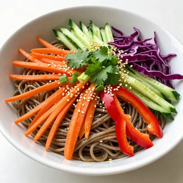- 8 ounces soba noodles (or whole wheat spaghetti) - 1 tablespoon sesame oil - 1 cup shredded carrots - 1 red bell pepper, sliced thin - 1 cucumber, julienned - 3 green onions, chopped - 1/4 cup fresh cilantro, chopped - 1/2 cup red cabbage, finely shredded - 1/4 cup roasted sesame seeds For the dressing: - 3 tablespoons soy sauce (or tamari for gluten-free) - 2 tablespoons rice vinegar - 1 tablespoon fresh ginger, grated - 1 tablespoon honey (or maple syrup for vegan option) - 1 tablespoon lime juice - 1 clove garlic, minced - Salt and pepper to taste Gather these ingredients. Each one adds flavor and color to the salad. The soba noodles form the base. They are chewy and hearty. The vegetables bring a crisp texture and bright taste. Shredded carrots, red bell pepper, cucumber, and cabbage all shine in this dish. Fresh herbs, like cilantro, add a burst of aroma. The dressing is vital for flavor. Soy sauce gives it a salty kick. Rice vinegar adds tang, while ginger brings warmth. Honey or maple syrup balances the flavors with sweetness. Lime juice adds freshness. Garlic gives depth to the dressing. This mix coats the noodles and veggies, making each bite tasty. By using this list, you can create a vibrant and healthy dish. The bright colors and rich flavors make it a feast for the eyes and mouth. {{ingredient_image_1}} To cook the soba noodles, bring a pot of water to a boil. Add the noodles and cook for about 5-7 minutes. Check the package for exact times. You want them tender but not mushy. Once cooked, drain the noodles. Quickly rinse them under cold water. This stops the cooking and cools them down. In a large mixing bowl, add the cooled soba noodles. Drizzle 1 tablespoon of sesame oil over the noodles. Toss them gently, making sure every noodle gets coated. Next, add the veggies: 1 cup of shredded carrots, 1 thinly sliced red bell pepper, 1 julienned cucumber, 3 chopped green onions, 1/4 cup of fresh cilantro, and 1/2 cup of finely shredded red cabbage. Mix them well. In another bowl, whisk together the dressing. Use 3 tablespoons of soy sauce, 2 tablespoons of rice vinegar, 1 tablespoon of grated fresh ginger, 1 tablespoon of honey or maple syrup, 1 tablespoon of lime juice, and 1 minced garlic clove. Season the dressing with salt and pepper to taste. Pour the dressing over the noodle and veggie mix. Toss well to coat everything evenly. Let the salad sit for about 10-15 minutes. This helps the flavors blend. Just before serving, sprinkle 1/4 cup of roasted sesame seeds on top. Toss again to mix. Enjoy your fresh and tasty Sesame Ginger Noodle Salad! If you can't find soba noodles, whole wheat spaghetti works well. It has a similar texture and flavor. For a gluten-free option, try rice noodles. They are light and tasty. If you prefer a vegan dish, use maple syrup instead of honey. It adds a nice sweetness without animal products. Coconut nectar is another great choice for a vegan sweetener. To boost the flavor, add some crushed red pepper for heat. You can also mix in fresh herbs like mint or basil. They add a fresh taste that brightens the salad. Adjust the dressing by adding more lime juice for zing. If you want it sweeter, add a little more honey or maple syrup. Taste as you go to find your perfect balance. Serve the salad in large bowls for a big family meal. You can also use a platter to make it look fancy. For a fun touch, arrange the veggies in a rainbow pattern. Garnish the salad with fresh cilantro and a sprinkle of sesame seeds. This adds color and gives a nice crunch. A bright and colorful salad will impress everyone at your table. Pro Tips Fresh Ingredients: Always use fresh vegetables and herbs for the best flavor and nutrition in your salad. Chill Before Serving: Allow the salad to chill in the fridge for 10-15 minutes before serving to enhance the flavors. Customize Your Veggies: Feel free to add or substitute any of your favorite vegetables for a personal twist. Make it Ahead: This salad can be made a day in advance; just add the sesame seeds right before serving for crunch. {{image_2}} You can easily add protein to your Sesame Ginger Noodle Salad. Here are a few options: - Cooked chicken, diced - Grilled shrimp, peeled and deveined - Cubes of tofu, pressed and cooked For a vegetarian boost, consider these proteins: - Edamame, shelled and cooked - Chickpeas, rinsed and drained - Tempeh, sautéed for texture These additions make the salad more filling and add new flavors. Changing the veggies in your salad keeps it fresh. You can adapt it for each season: - In spring, try snap peas and radishes. - Summer is great for fresh corn and zucchini. - Fall brings sweet potatoes and roasted beets. - Winter can include hearty greens like kale or Brussels sprouts. Using seasonal vegetables enhances taste and supports local farmers. You can also switch up the dressing for new flavors. Here are some ideas: - Try adding a spicy chili paste for heat. - Use peanut butter for a creamy twist. - Swap honey for agave or maple syrup for a vegan option. Feel free to explore and customize the dressing. Your salad will taste different every time! To keep your Sesame Ginger Noodle Salad fresh, follow these simple steps: - Place the leftover salad in an airtight container. - If you have dressing left, store it separately. This keeps the salad from getting soggy. - Refrigerate the container right away. The cold helps keep food safe. I recommend using glass or plastic containers with tight lids. They work best for salads. Avoid metal containers, as they can change the flavor. You can keep the salad for about three days in the fridge. After that, the taste and texture may change. Look for these signs to know if your salad has gone bad: - A sour smell indicates spoilage. - If the vegetables look wilted or slimy, it’s time to toss it. - Changes in color can also mean it's not fresh anymore. Always trust your senses. If it seems off, it's best to throw it away. Keeping salad fresh is all about how you store it! Yes, you can make this salad ahead of time. To keep it fresh, follow these tips: - Prepare the salad without the dressing. - Store the salad mix and dressing in separate containers. - Combine them just before serving. This way, you keep the noodles and veggies crisp. Yes, this recipe can be gluten-free. Use tamari instead of soy sauce. Soba noodles are often made with buckwheat, which is gluten-free. However, check the label to be sure. If you choose whole wheat spaghetti, it will not be gluten-free. This salad pairs well with many dishes, such as: - Grilled chicken or tofu for protein. - Spring rolls for a crunchy side. - Miso soup for a warm touch. These sides create a balanced and satisfying meal. To adjust the servings, simply scale the ingredients. - For larger portions, double or triple the amounts. - For smaller portions, halve the recipe. Use the same ratios so the flavors stay balanced. This blog post covers how to make a delicious Sesame Ginger Noodle Salad. We explored the key ingredients, detailed cooking steps, and tips for flavor and storage. You learned how to customize it with proteins or seasonal veggies. Preparing the dressing and letting the flavors blend enhances your meal. Enjoying this salad is easy, fun, and tasty. It’s a quick way to bring fresh flavors to your table.