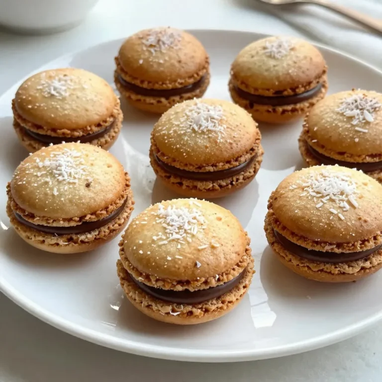 - 2 ¾ cups sweetened shredded coconut - 1 cup semi-sweet chocolate chips - ½ cup sweetened condensed milk - 1 teaspoon vanilla extract - ¼ teaspoon salt - 2 large egg whites - ½ teaspoon almond extract (optional) Sweetened shredded coconut gives macaroons their chewy texture and tropical taste. It is the star of this dessert. Semi-sweet chocolate chips add rich flavor, balancing the sweetness of the coconut. Sweetened condensed milk binds everything together, making each bite creamy and smooth. Vanilla extract enhances the overall flavor, while salt brings out the sweetness. Egg whites provide lift and structure, making the macaroons light. If you want a nutty twist, add almond extract. Fresh ingredients make a big difference in flavor and texture. Use fresh shredded coconut for the best chewiness. Old coconut can taste stale and dry. Always check the date on chocolate chips, as they can lose flavor over time. Fresh egg whites whip better, leading to fluffier macaroons. In short, fresh ingredients lead to delicious, satisfying treats. {{ingredient_image_1}} Making chocolate coconut macaroons is fun and simple. Start by gathering your ingredients. You will need sweetened shredded coconut, sweetened condensed milk, and chocolate chips. You will also use egg whites, vanilla extract, and salt. 1. Preheat your oven to 325°F (163°C). Line a baking sheet with parchment paper. 2. In a large bowl, mix the coconut, sweetened condensed milk, vanilla extract, and salt. Stir it well until the coconut is fully coated. 3. In another bowl, whip the egg whites until soft peaks form. If you like, add almond extract for extra flavor. 4. Gently fold the whipped egg whites into the coconut mix. Be careful to keep the air in the egg whites. 5. Use a small cookie scoop or your hands to form small mounds. Each should be about 1 to 1.5 inches wide. Place them on the baking sheet, leaving space between each. 6. Bake for 20 to 25 minutes. Look for golden brown tops. 7. While baking, melt the chocolate chips in a microwave-safe bowl. Heat in 30-second bursts, stirring between each until smooth. 8. Once the macaroons cool, dip the bottoms or half in the melted chocolate. Put them back on the parchment to set. If you want, drizzle more chocolate on top for style. 9. Wait until the chocolate hardens before enjoying your treats. - Use fresh, quality coconut for the best flavor. - Don’t overmix the egg whites; you want them fluffy. - Space the mounds well on the sheet for even baking. - Experiment with flavors like almond or citrus zest for a twist. - Make sure to let the chocolate cool slightly before dipping to prevent melting the macaroons. Many people make simple mistakes when making chocolate coconut macaroons. One common mistake is overmixing the coconut mixture. This can make your macaroons dense. You want to mix just until combined. Another mistake is not properly whipping the egg whites. They should form soft peaks. If they are not whipped enough, your macaroons will not rise. Lastly, avoid baking them too long. You want a golden brown top, not dark brown. To get the right texture, focus on the egg whites. Whip them until they are fluffy but not dry. Fold them gently into the coconut mixture. This keeps air in the batter. Also, using sweetened shredded coconut helps create a chewy texture. Make sure to bake at 325°F for just the right amount of time. This helps your macaroons stay moist inside. Want to add some flair? Try mixing in different flavors. Almond extract adds a nice touch. You can also sprinkle sea salt on top for a sweet-salty combo. If you love fruit, consider adding a bit of orange zest. For toppings, use melted chocolate to coat the bottoms. Drizzling more chocolate on top gives a nice look. These small changes can make your macaroons even more special. Pro Tips Use Fresh Ingredients: Always opt for fresh, high-quality coconut and chocolate to enhance the flavor of your macaroons. Egg White Whipping Technique: Ensure your mixing bowl and beaters are completely clean and free of grease for the best egg white volume. Storage Tips: Store leftover macaroons in an airtight container at room temperature for up to a week, or refrigerate for longer freshness. Experiment with Flavors: Try adding different extracts like mint or orange for a unique twist on the traditional coconut macaroon. {{image_2}} You can easily make these macaroons gluten-free. The main ingredient is shredded coconut, which is naturally gluten-free. Just be sure to use gluten-free chocolate chips. Many brands offer options that are safe for those with gluten sensitivities. This way, everyone can enjoy this treat! Want to change up the flavor? You can add a few things to make your macaroons unique. Try adding citrus zest like lemon or orange for a fresh taste. You could also mix in nuts, like almonds or pecans. These will add crunch and flavor to your macaroons. Just remember to keep the balance of ingredients right. Decorating your macaroons can make them extra special. For a festive look, drizzle melted chocolate over the tops. Add sprinkles or crushed nuts for texture. You can also dip the whole macaroon in chocolate for a rich finish. For holidays, consider using edible glitter or holiday-themed sprinkles. This adds flair for any celebration! To keep your chocolate coconut macaroons fresh, store them in an airtight container. Place parchment paper between layers to avoid sticking. This keeps them soft and chewy. Avoid direct sunlight and heat. Instead, choose a cool, dry spot in your kitchen. When stored properly, macaroons last about one week at room temperature. You can also freeze them for up to three months. To freeze, place them in a single layer on a baking sheet. Once frozen, transfer them to an airtight container. Remember to label your container with the date. After storage, let the macaroons sit at room temperature for about 10 minutes. This makes them soft again. You can also serve them with a scoop of ice cream or drizzle extra chocolate on top. Pair them with coffee or tea for a delightful treat. Macaroons and macarons are not the same. Macaroons are chewy and made with coconut. They often use sweetened coconut, egg whites, and sweeteners. You shape them into mounds before baking. Macarons, however, are delicate French cookies. They use almond flour, egg whites, and sugar. Macarons have a smooth shell and a creamy filling. The texture and ingredients make them quite different. Yes, you can make these macaroons vegan! Simply replace the egg whites with aquafaba. Aquafaba is the liquid from canned chickpeas. It whips up just like egg whites. You can also use a vegan sweetened condensed milk. You can find this in stores or make it at home. Make sure to check the chocolate chips too, as some may contain dairy. If your macaroons turn out dry, do not worry! You can fix this in a few ways. First, make sure to measure your coconut and milk properly. Too much coconut can dry them out. You can also add a bit more sweetened condensed milk to the mix. This will help them stay moist. If they are still dry after baking, dip them in melted chocolate. This adds moisture and flavor! In this blog post, we explored the key ingredients needed for chocolate coconut macaroons. We talked about proper preparation and shared tips to avoid common mistakes. You learned about fun variations, storage tips, and answers to frequently asked questions. Making macaroons can be easy and fun! Focus on freshness and practice your techniques. Enjoy creating these treats for any occasion. Happy baking!