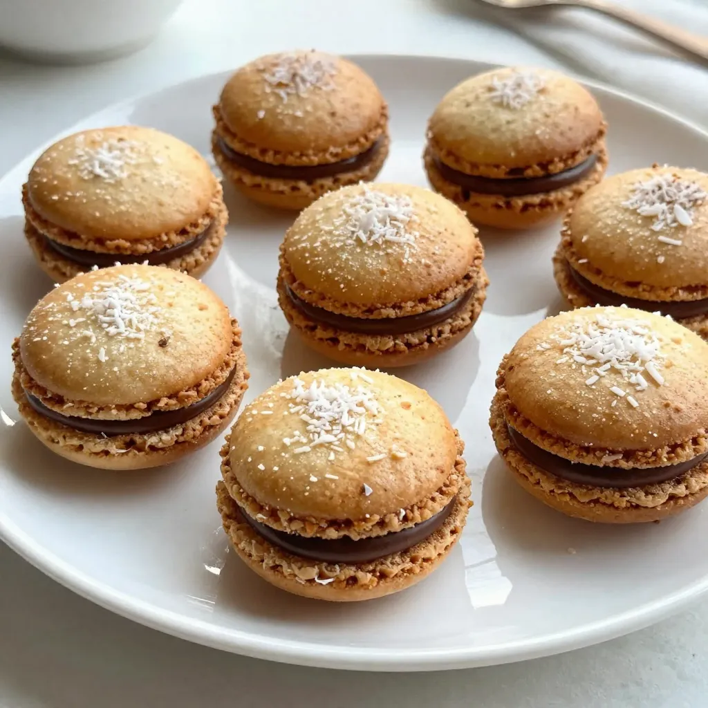 - 2 ¾ cups sweetened shredded coconut - 1 cup semi-sweet chocolate chips - ½ cup sweetened condensed milk - 1 teaspoon vanilla extract - ¼ teaspoon salt - 2 large egg whites - ½ teaspoon almond extract (optional) Sweetened shredded coconut gives macaroons their chewy texture and tropical taste. It is the star of this dessert. Semi-sweet chocolate chips add rich flavor, balancing the sweetness of the coconut. Sweetened condensed milk binds everything together, making each bite creamy and smooth. Vanilla extract enhances the overall flavor, while salt brings out the sweetness. Egg whites provide lift and structure, making the macaroons light. If you want a nutty twist, add almond extract. Fresh ingredients make a big difference in flavor and texture. Use fresh shredded coconut for the best chewiness. Old coconut can taste stale and dry. Always check the date on chocolate chips, as they can lose flavor over time. Fresh egg whites whip better, leading to fluffier macaroons. In short, fresh ingredients lead to delicious, satisfying treats. {{ingredient_image_1}} Making chocolate coconut macaroons is fun and simple. Start by gathering your ingredients. You will need sweetened shredded coconut, sweetened condensed milk, and chocolate chips. You will also use egg whites, vanilla extract, and salt. 1. Preheat your oven to 325°F (163°C). Line a baking sheet with parchment paper. 2. In a large bowl, mix the coconut, sweetened condensed milk, vanilla extract, and salt. Stir it well until the coconut is fully coated. 3. In another bowl, whip the egg whites until soft peaks form. If you like, add almond extract for extra flavor. 4. Gently fold the whipped egg whites into the coconut mix. Be careful to keep the air in the egg whites. 5. Use a small cookie scoop or your hands to form small mounds. Each should be about 1 to 1.5 inches wide. Place them on the baking sheet, leaving space between each. 6. Bake for 20 to 25 minutes. Look for golden brown tops. 7. While baking, melt the chocolate chips in a microwave-safe bowl. Heat in 30-second bursts, stirring between each until smooth. 8. Once the macaroons cool, dip the bottoms or half in the melted chocolate. Put them back on the parchment to set. If you want, drizzle more chocolate on top for style. 9. Wait until the chocolate hardens before enjoying your treats. - Use fresh, quality coconut for the best flavor. - Don’t overmix the egg whites; you want them fluffy. - Space the mounds well on the sheet for even baking. - Experiment with flavors like almond or citrus zest for a twist. - Make sure to let the chocolate cool slightly before dipping to prevent melting the macaroons. Many people make simple mistakes when making chocolate coconut macaroons. One common mistake is overmixing the coconut mixture. This can make your macaroons dense. You want to mix just until combined. Another mistake is not properly whipping the egg whites. They should form soft peaks. If they are not whipped enough, your macaroons will not rise. Lastly, avoid baking them too long. You want a golden brown top, not dark brown. To get the right texture, focus on the egg whites. Whip them until they are fluffy but not dry. Fold them gently into the coconut mixture. This keeps air in the batter. Also, using sweetened shredded coconut helps create a chewy texture. Make sure to bake at 325°F for just the right amount of time. This helps your macaroons stay moist inside. Want to add some flair? Try mixing in different flavors. Almond extract adds a nice touch. You can also sprinkle sea salt on top for a sweet-salty combo. If you love fruit, consider adding a bit of orange zest. For toppings, use melted chocolate to coat the bottoms. Drizzling more chocolate on top gives a nice look. These small changes can make your macaroons even more special. Pro Tips Use Fresh Ingredients: Always opt for fresh, high-quality coconut and chocolate to enhance the flavor of your macaroons. Egg White Whipping Technique: Ensure your mixing bowl and beaters are completely clean and free of grease for the best egg white volume. Storage Tips: Store leftover macaroons in an airtight container at room temperature for up to a week, or refrigerate for longer freshness. Experiment with Flavors: Try adding different extracts like mint or orange for a unique twist on the traditional coconut macaroon. {{image_2}} You can easily make these macaroons gluten-free. The main ingredient is shredded coconut, which is naturally gluten-free. Just be sure to use gluten-free chocolate chips. Many brands offer options that are safe for those with gluten sensitivities. This way, everyone can enjoy this treat! Want to change up the flavor? You can add a few things to make your macaroons unique. Try adding citrus zest like lemon or orange for a fresh taste. You could also mix in nuts, like almonds or pecans. These will add crunch and flavor to your macaroons. Just remember to keep the balance of ingredients right. Decorating your macaroons can make them extra special. For a festive look, drizzle melted chocolate over the tops. Add sprinkles or crushed nuts for texture. You can also dip the whole macaroon in chocolate for a rich finish. For holidays, consider using edible glitter or holiday-themed sprinkles. This adds flair for any celebration! To keep your chocolate coconut macaroons fresh, store them in an airtight container. Place parchment paper between layers to avoid sticking. This keeps them soft and chewy. Avoid direct sunlight and heat. Instead, choose a cool, dry spot in your kitchen. When stored properly, macaroons last about one week at room temperature. You can also freeze them for up to three months. To freeze, place them in a single layer on a baking sheet. Once frozen, transfer them to an airtight container. Remember to label your container with the date. After storage, let the macaroons sit at room temperature for about 10 minutes. This makes them soft again. You can also serve them with a scoop of ice cream or drizzle extra chocolate on top. Pair them with coffee or tea for a delightful treat. Macaroons and macarons are not the same. Macaroons are chewy and made with coconut. They often use sweetened coconut, egg whites, and sweeteners. You shape them into mounds before baking. Macarons, however, are delicate French cookies. They use almond flour, egg whites, and sugar. Macarons have a smooth shell and a creamy filling. The texture and ingredients make them quite different. Yes, you can make these macaroons vegan! Simply replace the egg whites with aquafaba. Aquafaba is the liquid from canned chickpeas. It whips up just like egg whites. You can also use a vegan sweetened condensed milk. You can find this in stores or make it at home. Make sure to check the chocolate chips too, as some may contain dairy. If your macaroons turn out dry, do not worry! You can fix this in a few ways. First, make sure to measure your coconut and milk properly. Too much coconut can dry them out. You can also add a bit more sweetened condensed milk to the mix. This will help them stay moist. If they are still dry after baking, dip them in melted chocolate. This adds moisture and flavor! In this blog post, we explored the key ingredients needed for chocolate coconut macaroons. We talked about proper preparation and shared tips to avoid common mistakes. You learned about fun variations, storage tips, and answers to frequently asked questions. Making macaroons can be easy and fun! Focus on freshness and practice your techniques. Enjoy creating these treats for any occasion. Happy baking!