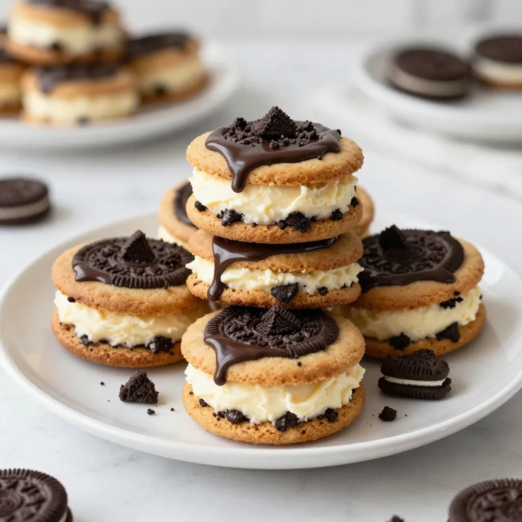 To make Oreo Cheesecake Stuffed Cookies, you need some simple ingredients. Here’s the full list: - 1 cup unsalted butter, softened - 1 cup brown sugar - 1/2 cup granulated sugar - 2 large eggs - 2 teaspoons vanilla extract - 3 cups all-purpose flour - 1 teaspoon baking soda - 1/2 teaspoon salt - 1 cup chocolate chips - 1 package (8 oz) cream cheese, softened - 1/2 cup powdered sugar - 1 teaspoon vanilla extract - 1 cup crushed Oreo cookies (about 10-12 cookies) This mix of sweet and creamy flavors makes the cookies a delight. The butter gives them a rich taste, while the sugars add sweetness. The eggs help bind everything together. The dry ingredients, like flour and baking soda, give the cookies structure. The chocolate chips add a melty surprise in every bite. The cream cheese filling, mixed with powdered sugar and crushed Oreos, brings a cheesecake vibe. When you bite into these cookies, you get the best of both worlds: soft cookie and creamy filling. Gather these ingredients, and let’s create a tasty treat that will impress everyone! {{ingredient_image_1}} First, preheat your oven to 350°F (175°C). This step heats the oven so the cookies bake evenly. Next, line a baking sheet with parchment paper. This helps keep the cookies from sticking. In a large bowl, cream together 1 cup of softened butter, 1 cup of brown sugar, and 1/2 cup of granulated sugar. Beat these together for about 2-3 minutes until light and fluffy. This process adds air to the mix, making the cookies soft. Now, add 2 large eggs and 2 teaspoons of vanilla extract. Mix these in one at a time until well combined. This helps bind the ingredients and adds flavor. In another bowl, whisk together 3 cups of all-purpose flour, 1 teaspoon of baking soda, and 1/2 teaspoon of salt. This step ensures the baking soda mixes well with the flour. Gradually add the dry mixture to the wet ingredients. Mix until just combined. Be careful not to over-mix, as this can make the cookies tough. In a separate bowl, beat 1 package (8 oz) of softened cream cheese with 1/2 cup of powdered sugar and 1 teaspoon of vanilla extract. Mix until smooth. This creates a sweet, creamy filling. Next, gently fold in 1 cup of crushed Oreo cookies. This gives the filling a nice texture and flavor. Take about 2 tablespoons of cookie dough and flatten it in your hand. Place about 1 tablespoon of the cheesecake filling in the center. Carefully encase the filling with the dough. Roll it into a ball, making sure the filling is completely sealed. This step is key! Proper sealing prevents the filling from leaking during baking. Place the stuffed cookie balls onto the prepared baking sheet. Leave some space between each ball for spreading. Bake them for around 12-15 minutes. The edges should turn golden brown while the center remains soft. This contrast is what makes these cookies so delightful! Once baked, let the cookies cool on the baking sheet for 5 minutes. This allows them to firm up slightly. Then, transfer them to a wire rack to cool completely. Cooling properly helps maintain their chewy texture and flavor. - Softening butter and cream cheese: Always use soft butter and cream cheese. This step helps mix well, making your cookies light and fluffy. You can leave them out at room temperature for about 30 minutes before use. - Avoiding over-mixing: When combining your dry and wet ingredients, mix gently. Over-mixing can make your cookies tough. Stop as soon as everything is just combined for a chewy texture. - Stacking and decorating with chocolate drizzle: Once your cookies cool, stack them on a plate. Drizzle melted chocolate on top to make them look fancy. It adds a nice touch and makes them even more tempting. - Using crushed Oreos for garnish: After drizzling, sprinkle crushed Oreos over the cookies. This not only looks great but enhances the Oreo flavor. Your cookies will be eye-catching and delicious! - Ensuring even size of cookie dough balls: Use a cookie scoop to make sure your dough balls are the same size. This helps them bake evenly. If they are different sizes, some will be overbaked while others stay raw. - Not sealing the filling properly: When you wrap the dough around the filling, ensure it’s fully sealed. If not, the filling may leak out while baking. This can make a mess and ruin your cookies. Pro Tips Chill the Dough: For best results, chill the cookie dough for at least 30 minutes before baking. This helps the cookies maintain their shape and prevents them from spreading too much. Use Room Temperature Ingredients: Make sure your butter, cream cheese, and eggs are at room temperature. This ensures a smoother mixture and helps the cookies bake evenly. Don’t Overbake: Keep an eye on the cookies while baking. They should be golden brown around the edges but still soft in the center. They will continue to cook slightly after being removed from the oven. Experiment with Fillings: Feel free to customize the cream cheese filling by adding other mix-ins like mini chocolate chips or different crushed cookies for a unique twist! {{image_2}} You can play with the cream cheese flavor. Try using strawberry or chocolate cream cheese instead of plain. It adds a fun twist to your cookies. You can also mix in other cookie pieces. Think about using peanut butter cookies or even mint chocolate cookies. Each option can change the taste and feel of your stuffed cookies. If you need a gluten-free version, swap out all-purpose flour. Use gluten-free flour instead. Many brands work well in this recipe. This change lets everyone enjoy your Oreo cheesecake stuffed cookies without worry. Want a vegan treat? Use egg substitutes like flaxseed meal or applesauce. For the filling, choose dairy-free cream cheese. Many brands offer tasty options. These swaps keep the cookies delicious while being plant-based. You can indulge without breaking your dietary choices. To keep your Oreo cheesecake stuffed cookies fresh, use an airtight container. This helps lock in moisture and flavor. Place parchment paper between layers to avoid sticking. Store cookies at room temperature for up to a week. If you want them to last longer, consider refrigerating them. Just remember to let them warm up a bit before serving. To reheat your cookies, use an oven set to 300°F (150°C). Place the cookies on a baking sheet for about 5 minutes. This method helps keep their soft and chewy texture. You can also use a microwave for a quick fix. Heat them for about 10-15 seconds. Be careful not to overheat, or they might get tough. You can freeze these cookies both before and after baking. If you freeze them before baking, scoop the dough balls onto a baking sheet, then freeze until solid. Once frozen, move them to a freezer bag. They can stay frozen for up to three months. When ready to bake, just add a few extra minutes to the baking time. If you want to freeze baked cookies, let them cool completely first. Wrap each cookie in plastic wrap and place them in a freezer-safe bag. They will stay fresh for up to three months. Thaw them at room temperature when you’re ready to enjoy! You can prepare the cookie dough and cream cheese filling a day early. Just store both in separate airtight containers in the fridge. When you are ready to bake, assemble the cookies and follow the baking steps. This makes it easy and quick to enjoy fresh cookies anytime. Yes, using homemade cookie dough works well! Just ensure it has a similar texture to the one in the recipe. This way, the cookies will bake evenly and hold the filling nicely. Feel free to adjust the flavors to match your taste. These cookies shine when served warm. You can stack them on a plate, drizzle with melted chocolate, and top with crushed Oreos. Pair them with a glass of milk or a scoop of ice cream for a fun dessert experience. They make great treats for parties or gatherings. Start with softened butter and cream cheese. Mix the ingredients just until combined. Avoid over-mixing the dough, as it can make cookies tough. Bake them until the edges are golden but the centers look a bit undercooked. They will firm up as they cool, giving you that soft, chewy texture. You may find pre-made versions at local bakeries or specialty stores. Some grocery stores might carry them in the bakery section. Check online for companies that deliver cookies to your door, too. Enjoying these treats without baking is a sweet option! You now have a complete guide to making Oreo Cheesecake Stuffed Cookies. We discussed the ingredients, step-by-step instructions, and tips for success. Don’t forget the importance of softening your butter and cream cheese. Storing and reheating your cookies correctly keeps them fresh and tasty. You can even try variations like gluten-free or vegan options. Enjoy the process and get creative with flavors. Making these cookies can be fun and rewarding, and they'll surely impress your friends and family. Happy baking!