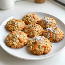 - 1 cup rolled oats - 1 cup whole wheat flour - 1 1/2 cups grated carrots (about 2 medium carrots) - 1/2 cup coconut oil, melted The main ingredients give these cookies their unique taste and texture. Rolled oats provide a chewy base while whole wheat flour adds heartiness. Grated carrots bring natural sweetness and moisture, making each bite flavorful. Coconut oil not only adds richness but also helps bind everything together. - 1/2 cup brown sugar, packed - 1/4 cup honey or maple syrup - 1 large egg Sweeteners like brown sugar and honey or maple syrup balance the flavors. Brown sugar adds depth and moisture. Honey or maple syrup brings a hint of natural sweetness. The egg acts as a binder to keep your cookies from falling apart. - 1 tsp baking soda - 1 tsp cinnamon - 1/2 tsp nutmeg - 1 tsp vanilla extract Spices elevate the taste of these cookies. Baking soda helps them rise and stay soft. Cinnamon and nutmeg provide warmth and hint of spice, making these cookies taste like carrot cake. Vanilla extract adds a lovely aroma and enhances the cookie's sweetness. - 1/2 cup raisins (optional) - 1/2 cup chopped walnuts or pecans (optional) Feel free to customize your cookies! Raisins add chewy sweetness, while chopped walnuts or pecans give a nice crunch. These add-ins not only enhance texture but also make your cookies more interesting. You can mix and match based on your taste! {{ingredient_image_1}} - Preheat your oven to 350°F (175°C) and line a baking sheet with parchment paper. - In a large bowl, combine 1 cup of rolled oats, 1 cup of whole wheat flour, 1 tsp of baking soda, 1 tsp of cinnamon, 1/2 tsp of nutmeg, and 1/2 tsp of salt. Mix well and set aside. - In another bowl, whisk together 1/2 cup of melted coconut oil, 1/2 cup of packed brown sugar, and 1/4 cup of honey or maple syrup until smooth. - Add 1 large egg and 1 tsp of vanilla extract to the wet mixture. Whisk until the ingredients blend well. - Gradually add the dry mixture to the wet mixture, stirring until just combined. - Fold in 1 1/2 cups of grated carrots. If you like, mix in 1/2 cup of raisins and 1/2 cup of chopped walnuts or pecans. - Using a tablespoon, scoop rounded dollops of dough onto the prepared baking sheet. Space them about 2 inches apart. - Gently flatten each cookie slightly with the back of the spoon. - Bake in the preheated oven for 12-15 minutes, or until the edges turn lightly golden. - Remove from the oven and let the cookies cool on the sheet for 5 minutes. Then, transfer them to a wire rack to cool completely. To ensure even baking, space the cookies 2 inches apart on the baking sheet. This allows warm air to flow around each cookie. Rotate the baking sheet halfway through baking for better results. Check for doneness by looking for lightly golden edges. The center should look set but may be soft. Cookies will firm up as they cool. To achieve the right cookie texture, don’t overmix the dough. Mix just until combined to keep the cookies tender. If the dough feels too dry, add a splash of water or an extra egg. If it is too wet, add a bit more flour. This will help in adjusting moisture levels for the perfect bite. For a great presentation, serve cookies on a colorful platter. Dust them lightly with powdered sugar for a sweet touch. Garnish with carrot curls to add fun flair. These cookies pair well with a glass of milk or a warm cup of tea. For a twist, try serving them with cream cheese icing for extra flavor. Pro Tips Use Fresh Carrots: Freshly grated carrots will provide the best flavor and moisture for your cookies. Avoid pre-packaged grated carrots as they may lack freshness. Adjust Sweetness: Depending on your preference, you can adjust the amount of brown sugar or honey/maple syrup used in the recipe to make the cookies sweeter or less sweet. Experiment with Mix-Ins: Feel free to add other mix-ins such as chocolate chips, dried cranberries, or seeds for extra flavor and texture in your cookies. Store Properly: To keep your cookies fresh, store them in an airtight container at room temperature for up to a week, or freeze them for longer storage. {{image_2}} You can change the flavor of these cookies in fun ways. Try adding spices like ginger or cloves. These spices add a warm kick to your cookies. You can also use different sweeteners. Maple syrup or agave nectar can replace honey. Each option gives a unique taste. You can easily make these cookies gluten-free. Use gluten-free flour instead of whole wheat flour. This swap works well without losing flavor or texture. If you want vegan cookies, replace the egg with a flaxseed egg. Mix one tablespoon of ground flaxseed with three tablespoons of water. Let it sit for a few minutes to thicken. Feel free to customize your cookies with mix-ins. Other fruits like dried cranberries or chopped apples work great. You can also add chocolate chips for a sweet twist. Nuts like almonds or pecans can give a nice crunch. Experiment with these options to find your favorite combination! To store your carrot cake oatmeal cookies at room temperature, place them in an airtight container. This keeps them fresh and moist. You can stack the cookies, but add parchment paper between layers. This prevents sticking. They will stay tasty for about three days on the counter. For long-term storage, freeze the cookies. First, let them cool completely. Then, wrap each cookie in plastic wrap. Place the wrapped cookies in a freezer bag. Make sure to squeeze out the air. When ready to eat, thaw them at room temperature. You can also warm them in the oven at 350°F for about 5 to 7 minutes. When stored properly, these cookies can last up to three months in the freezer. In an airtight container at room temperature, they last about three days. If you want them to stay fresh longer, consider refrigeration. They can last up to a week in the fridge. Can I substitute coconut oil? Yes, you can! You can use butter or a different oil. Just make sure it’s melted and similar in texture. How do I prevent cookies from being too dry? To keep cookies moist, don’t overbake them. Watch them closely in the oven. Adding a bit more honey or maple syrup can also help. Can I make these cookies smaller or larger? Absolutely! You can use a smaller or larger scoop. Just remember to adjust the baking time. Smaller cookies will bake faster, and larger cookies will take longer. What can I use instead of eggs? You can use a flax egg. To make one, mix 1 tablespoon of ground flaxseed with 2.5 tablespoons of water. Let it sit for a few minutes until it thickens. What to do if dough is too sticky? If your dough is sticky, add a bit more flour. Start with a tablespoon at a time until it’s easier to handle. Adjusting sweetness levels for preference You can add more or less brown sugar or honey. Taste the dough before baking to find that perfect sweetness for your liking. This blog post covered how to make delicious cookies using simple ingredients. You learned about the main ingredients and the steps to prepare them. We also discussed tips for baking and serving your cookies. With variations and storage tips, you can try different flavors and keep your cookies fresh. Remember, baking is fun, so don’t be afraid to experiment. Enjoy your cookie-making journey and share your results with friends!