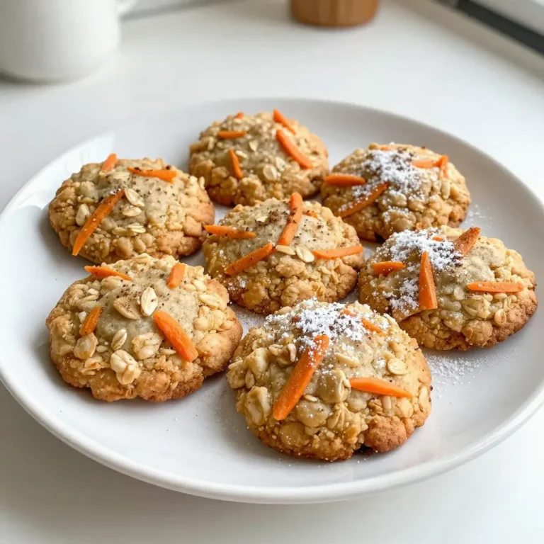 - 1 cup rolled oats - 1 cup whole wheat flour - 1 1/2 cups grated carrots (about 2 medium carrots) - 1/2 cup coconut oil, melted The main ingredients give these cookies their unique taste and texture. Rolled oats provide a chewy base while whole wheat flour adds heartiness. Grated carrots bring natural sweetness and moisture, making each bite flavorful. Coconut oil not only adds richness but also helps bind everything together. - 1/2 cup brown sugar, packed - 1/4 cup honey or maple syrup - 1 large egg Sweeteners like brown sugar and honey or maple syrup balance the flavors. Brown sugar adds depth and moisture. Honey or maple syrup brings a hint of natural sweetness. The egg acts as a binder to keep your cookies from falling apart. - 1 tsp baking soda - 1 tsp cinnamon - 1/2 tsp nutmeg - 1 tsp vanilla extract Spices elevate the taste of these cookies. Baking soda helps them rise and stay soft. Cinnamon and nutmeg provide warmth and hint of spice, making these cookies taste like carrot cake. Vanilla extract adds a lovely aroma and enhances the cookie's sweetness. - 1/2 cup raisins (optional) - 1/2 cup chopped walnuts or pecans (optional) Feel free to customize your cookies! Raisins add chewy sweetness, while chopped walnuts or pecans give a nice crunch. These add-ins not only enhance texture but also make your cookies more interesting. You can mix and match based on your taste! {{ingredient_image_1}} - Preheat your oven to 350°F (175°C) and line a baking sheet with parchment paper. - In a large bowl, combine 1 cup of rolled oats, 1 cup of whole wheat flour, 1 tsp of baking soda, 1 tsp of cinnamon, 1/2 tsp of nutmeg, and 1/2 tsp of salt. Mix well and set aside. - In another bowl, whisk together 1/2 cup of melted coconut oil, 1/2 cup of packed brown sugar, and 1/4 cup of honey or maple syrup until smooth. - Add 1 large egg and 1 tsp of vanilla extract to the wet mixture. Whisk until the ingredients blend well. - Gradually add the dry mixture to the wet mixture, stirring until just combined. - Fold in 1 1/2 cups of grated carrots. If you like, mix in 1/2 cup of raisins and 1/2 cup of chopped walnuts or pecans. - Using a tablespoon, scoop rounded dollops of dough onto the prepared baking sheet. Space them about 2 inches apart. - Gently flatten each cookie slightly with the back of the spoon. - Bake in the preheated oven for 12-15 minutes, or until the edges turn lightly golden. - Remove from the oven and let the cookies cool on the sheet for 5 minutes. Then, transfer them to a wire rack to cool completely. To ensure even baking, space the cookies 2 inches apart on the baking sheet. This allows warm air to flow around each cookie. Rotate the baking sheet halfway through baking for better results. Check for doneness by looking for lightly golden edges. The center should look set but may be soft. Cookies will firm up as they cool. To achieve the right cookie texture, don’t overmix the dough. Mix just until combined to keep the cookies tender. If the dough feels too dry, add a splash of water or an extra egg. If it is too wet, add a bit more flour. This will help in adjusting moisture levels for the perfect bite. For a great presentation, serve cookies on a colorful platter. Dust them lightly with powdered sugar for a sweet touch. Garnish with carrot curls to add fun flair. These cookies pair well with a glass of milk or a warm cup of tea. For a twist, try serving them with cream cheese icing for extra flavor. Pro Tips Use Fresh Carrots: Freshly grated carrots will provide the best flavor and moisture for your cookies. Avoid pre-packaged grated carrots as they may lack freshness. Adjust Sweetness: Depending on your preference, you can adjust the amount of brown sugar or honey/maple syrup used in the recipe to make the cookies sweeter or less sweet. Experiment with Mix-Ins: Feel free to add other mix-ins such as chocolate chips, dried cranberries, or seeds for extra flavor and texture in your cookies. Store Properly: To keep your cookies fresh, store them in an airtight container at room temperature for up to a week, or freeze them for longer storage. {{image_2}} You can change the flavor of these cookies in fun ways. Try adding spices like ginger or cloves. These spices add a warm kick to your cookies. You can also use different sweeteners. Maple syrup or agave nectar can replace honey. Each option gives a unique taste. You can easily make these cookies gluten-free. Use gluten-free flour instead of whole wheat flour. This swap works well without losing flavor or texture. If you want vegan cookies, replace the egg with a flaxseed egg. Mix one tablespoon of ground flaxseed with three tablespoons of water. Let it sit for a few minutes to thicken. Feel free to customize your cookies with mix-ins. Other fruits like dried cranberries or chopped apples work great. You can also add chocolate chips for a sweet twist. Nuts like almonds or pecans can give a nice crunch. Experiment with these options to find your favorite combination! To store your carrot cake oatmeal cookies at room temperature, place them in an airtight container. This keeps them fresh and moist. You can stack the cookies, but add parchment paper between layers. This prevents sticking. They will stay tasty for about three days on the counter. For long-term storage, freeze the cookies. First, let them cool completely. Then, wrap each cookie in plastic wrap. Place the wrapped cookies in a freezer bag. Make sure to squeeze out the air. When ready to eat, thaw them at room temperature. You can also warm them in the oven at 350°F for about 5 to 7 minutes. When stored properly, these cookies can last up to three months in the freezer. In an airtight container at room temperature, they last about three days. If you want them to stay fresh longer, consider refrigeration. They can last up to a week in the fridge. Can I substitute coconut oil? Yes, you can! You can use butter or a different oil. Just make sure it’s melted and similar in texture. How do I prevent cookies from being too dry? To keep cookies moist, don’t overbake them. Watch them closely in the oven. Adding a bit more honey or maple syrup can also help. Can I make these cookies smaller or larger? Absolutely! You can use a smaller or larger scoop. Just remember to adjust the baking time. Smaller cookies will bake faster, and larger cookies will take longer. What can I use instead of eggs? You can use a flax egg. To make one, mix 1 tablespoon of ground flaxseed with 2.5 tablespoons of water. Let it sit for a few minutes until it thickens. What to do if dough is too sticky? If your dough is sticky, add a bit more flour. Start with a tablespoon at a time until it’s easier to handle. Adjusting sweetness levels for preference You can add more or less brown sugar or honey. Taste the dough before baking to find that perfect sweetness for your liking. This blog post covered how to make delicious cookies using simple ingredients. You learned about the main ingredients and the steps to prepare them. We also discussed tips for baking and serving your cookies. With variations and storage tips, you can try different flavors and keep your cookies fresh. Remember, baking is fun, so don’t be afraid to experiment. Enjoy your cookie-making journey and share your results with friends!