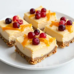 - 1 ½ cups graham cracker crumbs - ½ cup unsalted butter, melted - 1 tablespoon sugar - 16 oz cream cheese, softened - ½ cup granulated sugar - 2 large eggs - 1 teaspoon vanilla extract - Zest of 1 orange - ½ cup fresh cranberries, roughly chopped - ¼ cup orange juice - 1 tablespoon cornstarch These ingredients are key for making delicious cranberry orange cheesecake bars. The graham cracker crumbs form a tasty crust. The unsalted butter helps bind the crumbs together. Sugar adds sweetness to both the crust and filling. For the filling, cream cheese gives a rich texture. Granulated sugar sweetens the mixture, while eggs help it set. Vanilla extract adds depth to the flavor. The zest of an orange brings a bright, fresh note. Fresh cranberries give a tart contrast to the sweet filling. Orange juice enhances the orange flavor. Cornstarch helps the filling firm up nicely. To make this dessert shine, you can focus on the quality of your ingredients. Use fresh cranberries for the best taste. Softening cream cheese is also essential for a smooth filling. This simple list will help you create a treat everyone will love. {{ingredient_image_1}} 1. Preheat your oven to 350°F (175°C). This helps the crust bake evenly. 2. Prepare an 8x8 inch baking dish. Line it with parchment paper. Leave some paper hanging over the edges. This makes it easy to lift out the bars later. 3. Mix graham cracker crumbs, melted butter, and sugar in a bowl. Stir until everything combines well. You want a sandy texture. 4. Press the crust mixture into the bottom of the dish. Use your hands or the back of a cup. Make sure it is even. 1. Beat the softened cream cheese and granulated sugar together. Use a mixer on medium speed until it is smooth and creamy. This takes about 2-3 minutes. 2. Add the eggs one at a time. Mix well after each addition. This helps to keep the filling light. 3. Stir in the vanilla extract and orange zest. Mix until everything is fully combined. The zest adds a nice touch of flavor. 1. Prepare the cranberry mixture. In a small bowl, combine the chopped cranberries, orange juice, and cornstarch. This helps to thicken the filling. 2. Gently fold this mixture into the cheesecake batter. Use a spatula to combine. Be careful not to break the cranberries. 3. Pour the cheesecake mixture over the pre-baked crust. Use a spatula to smooth the top. This ensures even baking. 4. Bake in the oven for 25-30 minutes. You want the edges set, but the center should still jiggle slightly. It will firm up as it cools. Once baked, let it cool at room temperature before chilling in the fridge for at least 2 hours. This step is key for a tasty treat! - Ensure cream cheese is properly softened: Take your cream cheese out of the fridge. Let it sit for about 30 minutes. It should feel soft and easy to mix. This step helps create a smooth filling. - Cool the crust before adding filling: After baking the crust, let it cool for a few minutes. This helps the filling set well. If the crust is too hot, it can warm the filling and make it runny. - Test for doneness: When baking, keep an eye on the edges. They should feel set while the center is still slightly jiggly. This means your cheesecake will firm up nicely as it cools. - Ideas for garnishing: Top your cheesecake bars with a sprinkle of orange zest. You can also add fresh cranberries for color. A drizzle of honey or maple syrup adds a nice touch too. - Pairing options: Serve these bars with a dollop of whipped cream. It adds creaminess that pairs well with the tart cranberries. You can also serve them with a side of orange slices for extra flavor. Pro Tips Chill the Cream Cheese: Make sure your cream cheese is at room temperature before mixing. This ensures a creamy, smooth filling without lumps. Use Fresh Cranberries: For the best flavor and texture, use fresh cranberries instead of dried ones. Their tartness complements the sweetness of the cheesecake. Don’t Overbake: Keep an eye on the cheesecake bars while baking. They should be slightly jiggly in the center when you take them out; they will set as they cool. Lift with Parchment: Using parchment paper overhang makes it easy to lift the bars out of the pan without breaking them, allowing for clean, even cuts. {{image_2}} You can switch up the flavors in your cranberry orange cheesecake bars by adding different fruits. For example, try using blueberries or strawberries. These fruits will add sweetness and a nice color. You can also mix in some lemon or lime zest for a zesty twist. This will brighten the taste and make it even more refreshing. If you need gluten-free options, use gluten-free graham crackers. They work just as well and keep the crust tasty. For those who want a dairy-free version, swap the cream cheese with a dairy-free cream cheese alternative. This keeps the creamy texture while meeting your dietary needs. You can enjoy these cheesecake bars no matter your diet! To keep your cranberry orange cheesecake bars fresh, store them in the refrigerator. Use an airtight container or wrap them tightly with plastic wrap. This helps keep the bars moist and prevents them from absorbing other smells from the fridge. If you want to store them for a longer time, freezing is a great option. First, cut the bars into squares. Then, wrap each piece in plastic wrap and place them in a freezer-safe bag. Remove as much air as possible before sealing. These bars can last up to three months in the freezer. In the fridge, cranberry orange cheesecake bars can last about five days. Make sure to check for signs of spoilage. If you see any mold or if they smell off, it’s best to throw them away. Signs of spoilage include: - Unpleasant smell - Change in color - Visible mold Always ensure your bars are stored properly to enjoy their delicious taste! Can I use frozen cranberries for this recipe? Yes, you can use frozen cranberries. Just chop them while still frozen. There’s no need to thaw them first. They will bake well in the cheesecake bars. The flavor stays fresh and bright. How can I prevent cracks in my cheesecake? To prevent cracks, mix the batter slowly. Avoid overmixing. This keeps air bubbles out. Also, let the cheesecake cool slowly in the oven after baking. Don’t rush the cooling process. A gentle temperature change helps keep the surface smooth. Can I make this recipe ahead of time? Absolutely! You can make these cheesecake bars a day before you serve them. Just chill them in the fridge. They taste even better after a night in the fridge. This lets the flavors meld and deepen. This cheesecake bars recipe combines tasty ingredients like cranberries and orange zest. You learned how to prepare the crust and mix the filling step-by-step. I shared tips for perfect results and ways to change flavors. You can even modify it for different diets and store it for later. This dessert is easy and fun to make. Enjoy sharing your delicious cheesecake bars with others; they’ll love them!