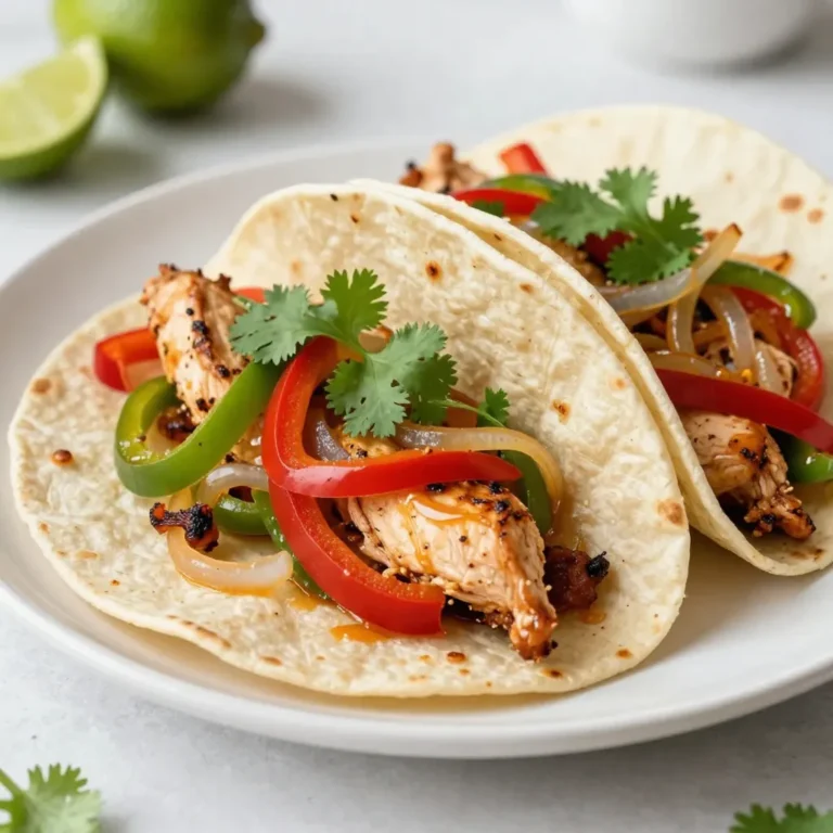 - 1 lb boneless, skinless chicken breasts, sliced into thin strips - 2 tablespoons olive oil - 1 teaspoon ground cumin - 1 teaspoon smoked paprika - 2 cloves garlic, minced - Juice of 2 limes - Zest of 1 lime - 1 teaspoon salt - 1/2 teaspoon black pepper - 1 red bell pepper, sliced - 1 green bell pepper, sliced - 1 large onion, sliced - Fresh cilantro, chopped, for garnish The main ingredients in cilantro lime chicken fajitas create a burst of flavor. The chicken provides protein, while the vibrant bell peppers and onions add color and crunch. The marinade with lime juice and spices brings everything together. - Tortillas, for serving - Toppings, such as extra cilantro, salsa, or avocado Tortillas are key for serving. Choose between flour or corn based on your taste. Toppings like salsa or avocado add creaminess and freshness. Feel free to get creative with your favorites! - Serving size: This recipe serves 4. - Portioning: After cooking, divide the chicken and veggies among the tortillas. Each serving can have about 1/4 of the mix. Knowing how much to serve helps keep portions balanced. Adjust based on your needs or appetite! {{ingredient_image_1}} To start, you need to make the marinade. In a large bowl, combine these ingredients: - 2 tablespoons olive oil - 1 teaspoon ground cumin - 1 teaspoon smoked paprika - 2 cloves garlic, minced - Juice of 2 limes - Zest of 1 lime - 1 teaspoon salt - 1/2 teaspoon black pepper Mix them well until they blend. Then, add the sliced chicken. Make sure each piece is well-coated. Cover the bowl and let it marinate. I suggest at least 30 minutes in the fridge. For more flavor, you can marinate for up to 2 hours. Next, it’s time to cook the chicken. You have two options: a skillet or a grill pan. Heat your chosen pan over medium-high heat. Once it’s hot, add the marinated chicken strips. Cook them for 5-7 minutes. They should no longer be pink inside. Use a meat thermometer to check for 165°F. Once cooked, remove the chicken and set it aside. Now, let’s sauté the veggies. Slice one red and one green bell pepper and one large onion. In the same skillet, add these veggies after the chicken. Sauté them for about 5-6 minutes. You want them tender and slightly caramelized. Stir them often to prevent sticking. Once they are ready, return the chicken to the skillet. Mix everything together and cook for an additional minute. This helps the flavors blend. To boost the taste of your cilantro lime chicken fajitas, try adding a few spices. A pinch of cayenne pepper gives a nice kick. If you love fresh herbs, consider adding fresh oregano or thyme. These additions can really make your dish pop. Always use fresh ingredients whenever possible. Fresh limes add a bright zing that dried ones can't match. Fresh cilantro gives a burst of flavor that enhances every bite. You can cook chicken in different ways. Grilling adds a smoky flavor, while pan-searing keeps it juicy. If you’re busy, you can use a slow cooker. Just make sure to adjust cooking times. To avoid dry chicken, don’t overcook it. Aim for an internal temperature of 165°F. Letting chicken rest for a few minutes after cooking also helps keep it moist. Fajitas taste great with various sides. Consider serving them with Mexican rice or black beans. These add color and nutrition to your meal. When choosing tortillas, soft flour tortillas work well for wrapping. Corn tortillas are a gluten-free option and add a nice texture. Don't forget to add your favorite toppings. Salsa, guacamole, and extra cilantro make a tasty finish. Pro Tips Marinate Longer for More Flavor: Allowing the chicken to marinate for up to 2 hours will enhance the flavors significantly, making each bite more delicious. Use Fresh Ingredients: Fresh limes, garlic, and cilantro will elevate the taste of your fajitas, giving them a vibrant and authentic flavor. Cook in Batches: If you have a lot of chicken, cook it in batches to avoid overcrowding the pan. This will ensure even cooking and a nice sear on the chicken. Customize Your Toppings: Experiment with various toppings like guacamole, sour cream, or pickled jalapeños to create your perfect fajita experience. {{image_2}} You can switch out chicken for beef or shrimp. Beef works well with the same marinade. Choose flank steak or sirloin for the best taste. For shrimp, marinate them for just 15 minutes. Cook quickly to avoid overcooking. If you want a vegetarian option, try using portobello mushrooms or tofu. Both absorb flavors well. Slice them and marinate like you would the chicken. Cook until tender, and you'll have a tasty meat-free meal. To add heat, include jalapeños or your favorite hot sauce. Sauté jalapeños with the veggies for a spicy kick. You can also drizzle hot sauce on top when serving. For sweet variations, use pineapple or mango. Chop them up and add them to the skillet during the last few minutes of cooking. This adds a fun contrast to the savory flavors. Get creative with how you serve fajitas. Instead of traditional plates, use a large platter for a family-style meal. Lay out warm tortillas and toppings for a fun build-your-own fajita night. Meal prep is also a great option. Store cooked chicken and veggies in containers. You can easily grab them for quick lunches or dinners during the week. Just reheat and serve in tortillas for a fast meal. To store leftovers, place the chicken and veggies in an airtight container. This keeps them fresh. You can store them in the fridge for up to three days. If you want to keep them longer, freezing is a better option. For freezing, pack the fajita mixture in freezer-safe bags. Remove as much air as possible to prevent freezer burn. You can store them in the freezer for up to three months. When you’re ready to eat, thaw them overnight in the fridge. For quick reheating, use a microwave on high for 1-2 minutes. If you prefer, you can heat them in a skillet over medium heat for about 5 minutes. To keep flavors and textures, add a splash of water or broth while reheating. This will help retain moisture, making your fajitas taste fresh. To check if the chicken is cooked, use a meat thermometer. The safe internal temperature for chicken is 165°F (75°C). Insert the thermometer into the thickest part of the chicken. If it reads 165°F, it is safe to eat. If you don’t have a thermometer, cut the chicken open. It should be white and no longer pink inside. Yes, you can make this recipe ahead of time. Marinate the chicken up to two hours before cooking for best flavor. You can also cook the chicken and veggies in advance. Store them in an airtight container in the fridge for up to three days. Reheat in a skillet or microwave before serving. This makes meal prep easy and quick. Many toppings can enhance your chicken fajitas. Here are some great options: - Fresh cilantro - Salsa - Avocado or guacamole - Sour cream - Shredded cheese - Lime wedges Feel free to mix and match your favorites. These toppings add flavor and texture to your meal. Enjoy exploring different combinations! This blog post covered how to make delicious chicken fajitas. We explored main ingredients, marinade ideas, and tasty toppings. I shared tips for cooking chicken and sautéing veggies just right. You learned how to store any leftovers and how to reheat them perfectly. Remember, you can switch up the protein or spices for unique flavors. Fajitas are fun to make and share. Enjoy your cooking and savor every bite!