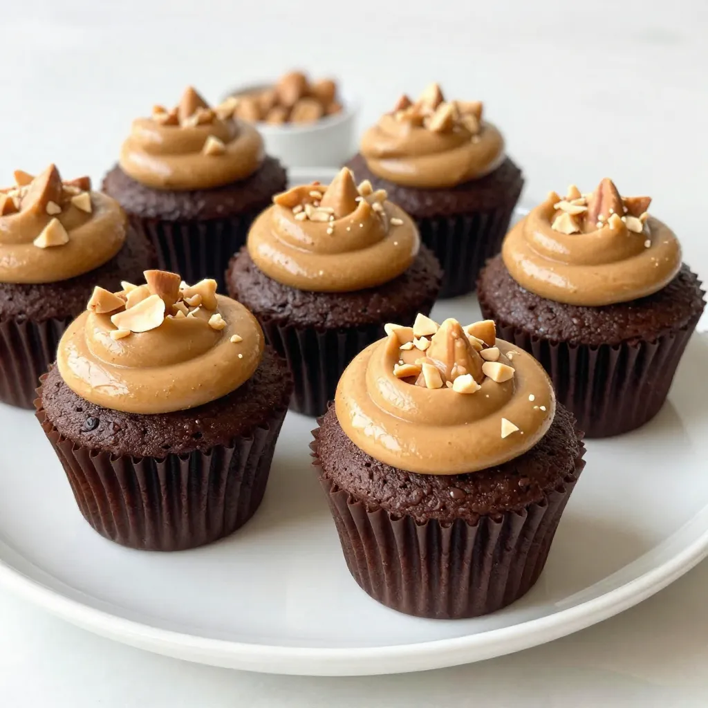 - 1 cup all-purpose flour - 1 cup granulated sugar - 1/2 cup unsweetened cocoa powder - 1 tsp baking powder - 1/2 tsp baking soda - 1/4 tsp salt - 1/2 cup unsalted butter, softened - 2 large eggs - 1 tsp vanilla extract - 1/2 cup buttermilk - 1/2 cup creamy peanut butter - 1/4 cup chocolate chips - 1/4 cup chopped peanuts (for topping) - All-purpose flour: This gives structure to your cupcakes. It helps them rise and stay fluffy. - Granulated sugar: This sweetens your cupcakes, making them delicious. It also helps with texture. - Cocoa powder: This adds rich chocolate flavor. Unsweetened cocoa keeps the cupcakes balanced. - Baking powder and baking soda: These are leavening agents. They help your cupcakes rise and become light. - Salt: Even a little salt enhances the sweet flavors. It balances the taste. - Unsalted butter: Softened butter adds richness and moisture. It helps create a fluffy batter. - Eggs: Eggs add moisture and help bind ingredients. They also aid in leavening. - Vanilla extract: This adds a warm flavor that complements chocolate well. - Buttermilk: Buttermilk keeps the cupcakes moist and adds a slight tang. - Creamy peanut butter: This gives a strong peanut taste. It keeps the cupcakes moist and rich. - Chocolate chips: These add bursts of chocolate. They make each bite extra special. - Chopped peanuts: These are for topping. They add a nice crunch and extra peanut flavor. - All-purpose flour: You can use whole wheat flour for a nuttier taste. - Granulated sugar: Brown sugar can give a deeper flavor. - Unsweetened cocoa powder: You can use Dutch-processed cocoa for a milder taste. - Unsalted butter: Coconut oil is a good dairy-free option. - Buttermilk: Mix milk with vinegar or lemon juice for a quick substitute. - Creamy peanut butter: Crunchy peanut butter works well for added texture. - Chocolate chips: Use dark chocolate or white chocolate for variety. {{ingredient_image_1}} First, you need to prep your kitchen. Start by preheating your oven to 350°F (175°C). This step ensures your cupcakes bake evenly. Next, line a muffin tin with cupcake liners. This makes it easy to remove the cupcakes later. In a large bowl, sift together the dry ingredients. This includes 1 cup of flour, 1 cup of sugar, 1/2 cup of cocoa powder, 1 tsp of baking powder, 1/2 tsp of baking soda, and 1/4 tsp of salt. Mixing these well helps avoid lumps. In another bowl, beat 1/2 cup of softened butter with an electric mixer until creamy. Gradually add your sugar mixture while mixing. Keep beating until it looks light and fluffy. This process adds air, giving your cupcakes a nice rise. Now, add 2 large eggs one at a time, mixing well after each. Then, stir in 1 tsp of vanilla extract. Mix until everything is fully blended. Next, add the dry ingredients to the butter mixture. Alternate adding 1/2 cup of buttermilk. Start and end with the dry mix. Be careful not to over-mix; just combine until smooth. Gently fold in 1/2 cup of creamy peanut butter and 1/4 cup of chocolate chips. This gives your cupcakes a rich flavor. Use a spoon to fill each cupcake liner about two-thirds full. This allows space for the cupcakes to rise. Then, bake them for 18 to 20 minutes. Check for doneness by inserting a toothpick in the center. If it comes out clean, they are done. Let the cupcakes cool in the pan for 5 minutes. After that, transfer them to a wire rack. Allow them to cool completely. Once cooled, you can finish by swirling some extra peanut butter on top and sprinkling with chopped peanuts. Enjoy your delicious treats! When making chocolate peanut butter cupcakes, avoid overmixing the batter. This can lead to tough cupcakes. Mix until just combined to keep them soft. Also, don’t skip the cooling step. If you frost them too warm, the frosting will melt. Lastly, ensure your oven is preheated. A cold oven can affect baking time and texture. For perfect cupcakes, measure your ingredients carefully. Use a scale for accuracy, especially with flour and sugar. Room temperature ingredients blend better and create a smooth batter. I recommend using an ice cream scoop to fill the liners for even size. This helps them bake uniformly. Always check for doneness with a toothpick. It should come out clean or with a few crumbs. To make your cupcakes look great, swirl a bit of peanut butter on top. It adds a nice touch. Sprinkle chopped peanuts for crunch and a pop of color. Place the cupcakes on a pretty platter or stand for serving. You can also add a drizzle of melted chocolate for extra appeal. These small touches make your cupcakes irresistible! Pro Tips Use Room Temperature Ingredients: Allow your butter and eggs to sit out for about 30 minutes before baking. This helps create a smoother batter and ensures even baking. Don’t Overmix the Batter: Once you combine the wet and dry ingredients, mix just until incorporated. Overmixing can lead to dense cupcakes. Check for Doneness: Instead of relying solely on baking time, use a toothpick to check the center of a cupcake. If it comes out clean, they’re ready! Cool Completely Before Topping: Allow the cupcakes to cool fully before adding the peanut butter and chopped peanuts. This prevents the toppings from melting and ensures a nice presentation. {{image_2}} You can easily make vegan chocolate peanut butter cupcakes. Just swap out a few ingredients. Use 1 cup of almond milk instead of buttermilk. Replace the eggs with 1/2 cup of unsweetened applesauce. For the butter, use coconut oil or a vegan butter. These swaps keep the flavor rich and delicious while being plant-based. If you need gluten-free cupcakes, use a gluten-free flour blend. Just replace the all-purpose flour with 1 cup of your favorite gluten-free mix. Check the label to make sure it contains xanthan gum. This helps the cupcakes rise and stay soft. The rest of the recipe stays the same, giving you tasty treats without gluten. Frosting can take your cupcakes to the next level. You can use classic chocolate frosting or a creamy peanut butter frosting. To make peanut butter frosting, beat together 1 cup of creamy peanut butter, 1/2 cup of powdered sugar, and 1/4 cup of almond milk until smooth. For toppings, try chopped peanuts for crunch. You can also sprinkle mini chocolate chips or drizzle melted chocolate on top. Get creative and mix and match your favorite flavors! Store your chocolate peanut butter cupcakes in an airtight container. This keeps them fresh. Place a piece of parchment paper between layers to avoid sticking. Cupcakes stay good at room temperature for up to three days. If you need more time, the fridge is a good choice. They last about a week in the fridge. Just remember, cold can change the texture a bit. Freezing cupcakes is easy and great for saving extras. First, let the cupcakes cool completely. Then, wrap each one in plastic wrap. Place them in a freezer-safe bag or container. This prevents freezer burn. You can freeze them for up to three months. When you are ready to enjoy, move them to the fridge overnight. This helps them thaw evenly. If you want to warm your cupcakes, try this method. Preheat your oven to 350°F (175°C). Place the cupcakes on a baking sheet. Heat them for about 5 to 7 minutes. This brings back their soft texture and fresh taste. For a quick warm-up, use the microwave. Heat each cupcake for about 10-15 seconds. Be careful not to overheat, or they may become dry. Enjoy your delicious cupcakes like they are fresh from the oven! To make cupcakes moist, use buttermilk. Buttermilk adds richness and keeps the cake soft. Mixing in the right amount of butter also helps. Don't overmix the batter; mix just until combined. Bake them until a toothpick comes out clean. If you bake too long, they will dry out. Yes, you can use crunchy peanut butter! It will add texture and extra flavor. The chunks of peanut will give each bite a fun crunch. Just replace the creamy peanut butter with the crunchy kind. This small change makes your cupcakes even more interesting. The best way to frost cupcakes is to use a piping bag. Fill a piping bag with your frosting and use a round tip. Start at the center and swirl outwards. This gives a beautiful look. If you don’t have a piping bag, you can use a knife. Just spread the frosting on top and create swirls. For extra fun, add chopped peanuts on top! In this guide, I covered the entire process for making chocolate peanut butter cupcakes. We discussed ingredients, detailed steps, and helpful tips to ensure your cupcakes turn out great. Remember to avoid common mistakes and explore variations like vegan or gluten-free options. Store your cupcakes well to keep them fresh. Whether you’re a novice or an expert, these cupcakes are sure to impress. You can bake with confidence and enjoy delicious treats that everyone will love.