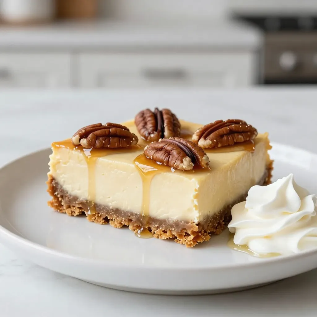 To make these tasty bars, gather these key ingredients: - 1 ½ cups graham cracker crumbs - ½ cup unsalted butter, melted - ¼ cup brown sugar, packed - 2 (8 oz) packages cream cheese, softened - 1 cup maple syrup - 2 large eggs - 1 teaspoon vanilla extract - 1 cup chopped pecans, toasted - Pinch of salt These ingredients work together to create a creamy filling with a crunchy crust. The maple syrup adds a sweet, rich flavor, while the pecans give a nice texture. You can elevate your cheesecake bars with these optional items: - Whipped cream for topping Whipped cream adds a light and fluffy touch. It pairs well with the rich cheesecake and brings the dessert together. If you need alternatives, here are some great swaps: - Use graham cracker crumbs from gluten-free cookies for a gluten-free crust. - Swap brown sugar with coconut sugar for a different sweetness. - Try using Greek yogurt instead of cream cheese for a lighter version. - Maple syrup can be replaced with honey or agave syrup if needed. These substitutions can help you adjust the recipe to fit your taste or dietary needs. Enjoy experimenting with flavors! {{ingredient_image_1}} Start by preheating your oven to 350°F (175°C). Line an 8x8 inch baking dish with parchment paper. Leave some paper hanging over the sides. This will help you lift the bars out later. In a medium bowl, mix together 1 ½ cups of graham cracker crumbs, ½ cup of melted unsalted butter, and ¼ cup of packed brown sugar. Add a pinch of salt for flavor. Press this mixture firmly into the bottom of your baking dish. Bake it for 10 minutes. After that, let it cool for a bit. Now, grab a large mixing bowl. Beat 2 packages of softened cream cheese until it is smooth. Slowly add in 1 cup of maple syrup while you keep mixing. It should blend well. Then, add the 2 large eggs, one at a time. Mix thoroughly after each egg. Stir in 1 teaspoon of vanilla extract. The batter should now be creamy. Finally, fold in 1 cup of toasted chopped pecans. This adds a nice crunch and flavor. Pour the cheesecake mixture over the cooled crust. Spread it evenly across the top. Bake the bars for 30-35 minutes. You want the edges to be set, but the center should still have a slight jiggle. After baking, take them out and let them cool to room temperature. Once cool, put the bars in the fridge for at least 4 hours. For the best taste, you can leave them overnight. After they set, use the parchment to lift the bars out of the dish. Cut them into squares or bars. Enjoy them chilled, and feel free to add some whipped cream on top if you like! To get the best texture for your Maple Pecan Cheesecake Bars, focus on your cream cheese. Make sure it is very soft. You can let it sit out for a bit. This helps it mix well and become smooth. When you add the eggs, do it one at a time. Mix well after each egg. This makes the filling creamy. Another key tip is to bake until the edges are firm. The center should still jiggle slightly. This shows it will set well in the fridge. After baking, let the bars cool at room temperature. Then, chill them for at least four hours. Overnight is even better! One common mistake is overbaking the bars. This can lead to a dry texture. Keep an eye on the time and check for that jiggle. Another mistake is not letting the cream cheese soften enough. This can cause lumps in your filling. Also, avoid skipping the chilling step. Chilling helps the bars set properly. If you cut them too soon, they may lose their shape. Lastly, don’t forget to line your baking dish with parchment paper. This makes it easier to lift the bars out later. These bars are delightful on their own, but you can make them even better! Top each slice with a dollop of whipped cream for a creamy touch. You can also add more toasted pecans on top for crunch. Drizzling extra maple syrup over the bars adds more sweetness and flavor. For a fun twist, serve them with a scoop of vanilla ice cream. The cold ice cream pairs nicely with the creamy bars. If you want, add fresh fruit like berries for a pop of color and taste. Enjoy them at parties or as a special treat at home! Pro Tips Chill for Perfection: Ensure you refrigerate the cheesecake bars for at least 4 hours or overnight. This helps the flavors meld and the texture to firm up beautifully. Toast Your Nuts: Toasting the pecans before adding them enhances their flavor and gives a delightful crunch to the bars. Just a few minutes in a dry skillet over medium heat will do the trick. Check the Jiggle: When baking, look for a slight jiggle in the center of the cheesecake. Overbaking can lead to a dry texture, so it's better to err on the side of underbaking. Graham Cracker Variation: For a unique twist, consider mixing in a bit of ground cinnamon or nutmeg into the graham cracker crust for added warmth and flavor. {{image_2}} You can make maple pecan cheesecake bars without baking. This version is easy and quick. For the crust, mix graham cracker crumbs with melted butter and sugar. Press it into the pan as usual. For the filling, beat cream cheese until smooth. Gradually add pure maple syrup and mix well. Then, fold in chopped pecans. Pour the filling into the crust and chill in the fridge for at least four hours. This method gives you creamy bars without using the oven. If you want to change the flavor, try different nuts. Walnuts, almonds, or hazelnuts work well. Just chop them up and mix them in the filling. Toasting the nuts before adding them adds a nice crunch and flavor. Each nut will give your bars a unique taste and texture. Feel free to experiment and find what you love best! You can also add seasonal flavors to your bars. For fall, mix in some pumpkin spice or cinnamon. In summer, try folding in fresh berries for a fruity twist. You could also add a splash of lemon juice or zest to brighten the flavor. Seasonal add-ins can make your maple pecan cheesecake bars exciting all year long. To store your Maple Pecan Cheesecake Bars, place them in an airtight container. Keep them in the fridge for up to five days. If you store them correctly, they will stay fresh and tasty. Make sure to check for any signs of spoilage before serving. You can freeze these bars for later enjoyment. Cut them into squares before freezing. Wrap each square in plastic wrap, then place them in a freezer bag. They will last for about two months in the freezer. When you are ready to eat them, thaw overnight in the fridge. These cheesecake bars are best fresh but will stay good in the fridge for about five days. To keep them tasting great, avoid leaving them out at room temperature for too long. If you see any changes in texture or smell, it’s best to discard them. Yes, you can use store-bought crust for these cheesecake bars. Just choose a graham cracker crust. It saves time and still tastes good. Follow the package instructions for the best results. This option is perfect if you're in a hurry. You know the cheesecake bars are done when the edges are set and the center jiggles slightly. This slight jiggle means they will firm up as they cool. Overbaking can make them dry, so check them closely after 30 minutes. Absolutely! These cheesecake bars taste even better if made a day in advance. Just make sure to let them cool completely before you refrigerate them. They need at least four hours in the fridge to set properly. Enjoy them chilled for the best taste! Maple pecan cheesecake bars are a delicious treat you can make at home. This post covered the key ingredients, easy steps, and helpful tips. I shared variations and storage advice to keep them fresh. Remember, small changes can make a big difference. Use the tips to avoid common pitfalls. Enjoy serving these sweet bars to friends and family. With your skills, they will be a hit. Happy baking!