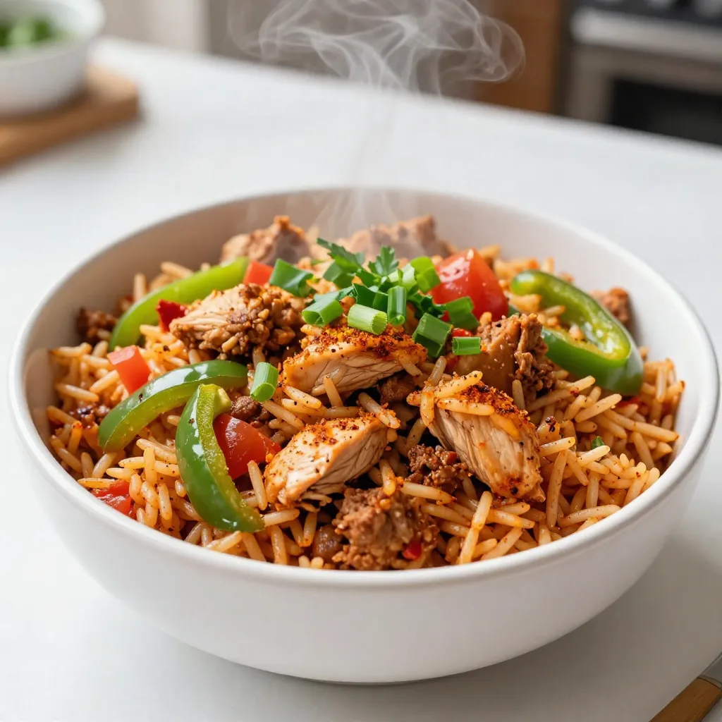 - 1 cup long-grain rice - 2 tablespoons olive oil - 1 pound ground chicken or turkey - 1 small onion, finely chopped - 1 green bell pepper, chopped - 1 celery stalk, diced - 2 cloves garlic, minced - 1 teaspoon Cajun seasoning - 1/2 teaspoon smoked paprika - 1/2 teaspoon cayenne pepper (adjust for spice level) - 1 cup chicken broth - 1 cup diced tomatoes (canned or fresh) - 1/2 cup frozen peas - Salt and pepper to taste - 2 green onions, chopped (for garnish) - Fresh parsley, chopped (for garnish) In this dish, the base is the long-grain rice. It cooks perfectly with the broth. Ground chicken or turkey adds protein and flavor. The onion, bell pepper, and celery bring great texture. Garlic gives a nice aroma and taste. Cajun seasoning is key for that spicy kick. Smoked paprika adds depth, while cayenne pepper lets you control the heat. Diced tomatoes contribute moisture and sweetness. Frozen peas add a pop of color. For garnish, green onions and parsley brighten the dish. You can swap ingredients too. Use different proteins or veggies based on what you like. Adjust the spices to fit your taste. This recipe is flexible and easy to love! {{ingredient_image_1}} 1. First, gather all your ingredients. This makes cooking easy and fun. 2. Start by prepping the vegetables. Chop the onion, green bell pepper, and celery. Set them aside. 3. Next, heat 2 tablespoons of olive oil in a large skillet over medium heat. 4. Add the chopped onion, bell pepper, and celery to the skillet. Sauté for about 5 minutes until tender. 5. Now, stir in 2 cloves of minced garlic. Cook for another minute until it smells amazing. 6. It's time to cook the meat. Add 1 pound of ground chicken or turkey to the skillet. 7. Break the meat apart with a spoon and cook until it's browned, about 5 to 7 minutes. 8. Once browned, sprinkle in 1 teaspoon of Cajun seasoning, 1/2 teaspoon smoked paprika, and 1/2 teaspoon cayenne pepper. 9. Add salt and pepper to taste, then stir everything well to coat the meat with spices. 10. Add 1 cup of long-grain rice to the skillet. Stir it in and let it toast for about 2 minutes. 1. Now, pour in 1 cup of chicken broth and 1 cup of diced tomatoes. 2. Bring the mixture to a gentle simmer. Cover the skillet and reduce the heat to low. 3. Cook for about 20 minutes. Stir occasionally to keep the rice from sticking. 4. After 20 minutes, check if the rice is tender and has absorbed most of the liquid. 5. If it is done, fold in 1/2 cup of frozen peas. Let it sit covered for another 5 minutes. 6. Finally, fluff the rice with a fork. Adjust seasoning if needed. 7. Garnish with chopped green onions and fresh parsley before you serve. - Best rice for dirty rice Long-grain rice works best for dirty rice. It stays fluffy and separate. You can use jasmine or basmati rice if you like. - How to adjust spice levels Start with a small amount of cayenne pepper. You can always add more later. If you want it milder, skip the cayenne or reduce the Cajun seasoning. - Avoiding common cooking mistakes Don’t rush the cooking time. Let the rice simmer and absorb the broth. Stir often to prevent sticking. - Pairing with side dishes Dirty rice pairs well with fried plantains or a green salad. You can also serve it with cornbread for a hearty meal. - Presentation ideas Serve the rice in a large bowl. Top with fresh parsley and green onions for color. You can even add a squeeze of lime for a fresh kick. - Storing leftovers Store leftovers in an airtight container. Keep in the fridge for up to three days. You can also freeze it for later use. Pro Tips Use Fresh Ingredients: Whenever possible, opt for fresh vegetables and herbs to enhance the flavor profile of your dish. Adjust Spice Levels: Feel free to adjust the amount of cayenne pepper based on your heat tolerance; start with less and add more if desired. Let it Rest: After cooking, allow the dish to sit covered for a few minutes to let the flavors meld together before serving. Customize Your Protein: This recipe can be easily adapted using different proteins like shrimp or beef for a unique flavor twist. {{image_2}} You can easily swap ingredients to make this dish fit your taste. Here are some ideas: - Alternative proteins: Use ground beef, shrimp, or a plant-based meat for a vegetarian option. This keeps the dish hearty and flavorful. - Different vegetables: Feel free to add or replace vegetables. Carrots, corn, or even mushrooms add texture and taste. - Spice level adjustments: If you like it milder, cut down on cayenne pepper. You can also use bell peppers for a sweeter taste. Cajun dirty rice has roots in many styles. Here are some regional twists: - Classic Cajun vs. Creole styles: Cajun dirty rice often uses more spices and sausage. Creole versions might include tomatoes and a richer broth. - Southern adaptations: In the South, people might add okra or collard greens for a twist. These veggies boost flavor and nutrition. - Ingredient influences based on regions: Different areas use local meats or spices. For example, in Texas, you might find spicy jalapeños added to the mix. - Use airtight containers for best results. - Allow the rice to cool before sealing. - Store in the fridge for up to three days. - For longer storage, freeze the dirty rice. - Use freezer bags to save space. - Reheat in a skillet over medium heat. - Add a splash of water or broth to keep it moist. - Stir often to avoid sticking. - For microwave reheating, cover with a damp paper towel. - Heat in short bursts, stirring in between. - This helps keep the flavor and texture intact. Dirty rice comes from Louisiana. It has roots in Cajun cooking. The dish uses leftover meats and spices. It gets its "dirty" name from the color of the rice. Cajun cooks often add ground meat to give it flavor. This dish is now popular across the United States. Yes, you can make it ahead of time. Dirty rice tastes great after sitting. Just let it cool, then store it in the fridge. Reheat when you’re ready to eat. This makes it perfect for meal prep or parties. To make it spicier, add more cayenne pepper. You can also use hotter Cajun seasoning. If you want it milder, reduce the cayenne. You can skip the spicy seasonings if you prefer. Taste as you cook to get it just right. Yes, dirty rice is gluten-free. The main ingredients are rice, meat, and vegetables. Always check your broth and seasoning labels. Some brands may add gluten. For safety, use gluten-free broth and seasonings. This blog post explained how to make delicious dirty rice using key ingredients and simple steps. We explored cooking tips, variations, and storage methods to enhance your dish. Remember, you can swap ingredients or adjust spice levels to fit your taste. Embrace your creativity in the kitchen. Whether you serve it as a main dish or a side, dirty rice offers rich flavors that everyone will enjoy! Make it your own and share the joy with family and friends.