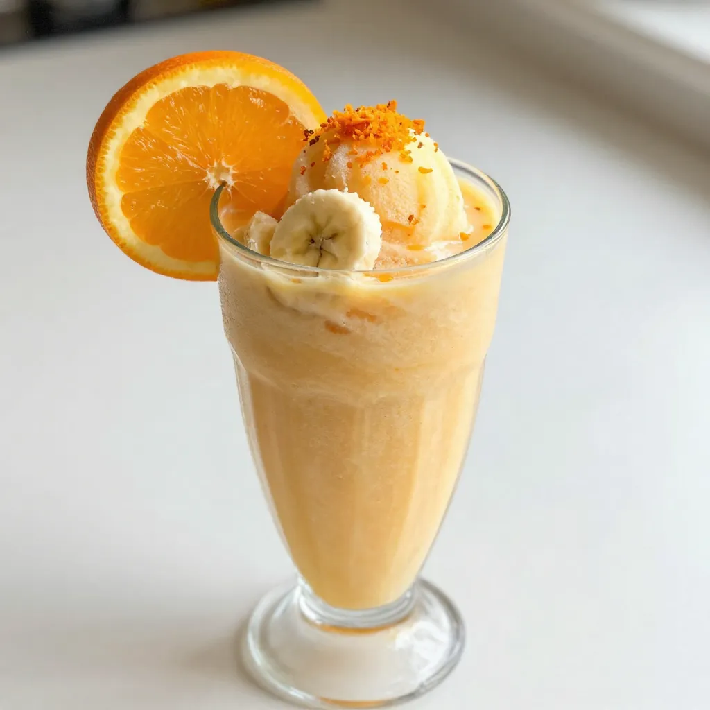 To make a tasty Orange Creamsicle Smoothie, you need a few fresh items. Here’s what you will need: - 2 ripe oranges, peeled and segmented - 1 banana, frozen - 1 cup vanilla yogurt - 1/2 cup coconut milk (or almond milk) - 1/2 teaspoon vanilla extract - Ice cubes (optional, for a thicker consistency) These main ingredients blend together to create a creamy and refreshing drink. The ripe oranges give it a bright flavor, while the frozen banana adds sweetness and creaminess. If you want your smoothie sweeter, you can add honey. Here’s how you can enhance the flavor: - 1 tablespoon honey (optional, depending on sweetness preference) Honey works well to balance the tartness of the oranges. If you like, you can skip the honey for a lighter taste. You can also add a pinch of orange zest for extra zing. You can use different types of milk based on your taste or dietary needs. Here are some ideas: - Coconut milk - Almond milk Both of these options keep the smoothie creamy. Coconut milk adds a tropical twist, while almond milk offers a nutty flavor. You can choose whichever milk you prefer. {{ingredient_image_1}} First, gather all your ingredients. You will need: - 2 ripe oranges, peeled and segmented - 1 frozen banana - 1 cup vanilla yogurt - 1/2 cup coconut milk (or almond milk) - 1 tablespoon honey (optional) - 1/2 teaspoon vanilla extract - Ice cubes (optional) Next, peel the oranges and break them into segments. You want them ready to blend. Take your frozen banana out of the freezer. A frozen banana makes the smoothie thick and creamy. If you want a sweeter drink, keep the honey close. Now, it’s time to blend. Add the orange segments and frozen banana into your blender. Pour in the vanilla yogurt and coconut milk. If you like your smoothie sweeter, add the honey and vanilla extract now. Blend on high speed. Watch how the mix comes together. You want a smooth and creamy texture. This can take about 30 seconds. If you hear chunks, keep blending. If you want a thicker smoothie, toss in a handful of ice cubes. Blend again until the ice is crushed and mixed. This makes your drink extra cold and refreshing. Taste your smoothie. If you want more sweetness, add more honey and blend again. Pour the smoothie into tall glasses. Enjoy this creamy treat right away! To make the best Orange Creamsicle Smoothie, start with fresh ingredients. Use ripe oranges for the best flavor. When you blend, add the softer items first. This means putting in the orange segments and frozen banana first. Then, add the yogurt and milk. This order helps everything blend smoothly. Always blend on high speed. This mixes the ingredients well. If your smoothie is too thick, add a splash of milk. Keep blending until you reach a creamy texture. You can easily change this smoothie to fit your taste. Want more sweetness? Add a bit more honey. If you like a creamier taste, try using Greek yogurt. You can swap out the bananas for mango or peaches for a different flavor. For a fun twist, add a scoop of vanilla protein powder. This adds nutrition and keeps you full longer. You can also throw in a handful of spinach. It won’t change the taste but will boost the nutrients. If you have extra smoothie, store it in the fridge. Use an airtight container for best results. The smoothie is best when enjoyed fresh but can last for up to a day. If you want to prep ahead, you can freeze the fruit. Place the orange segments and banana in a freezer bag. When you’re ready, blend them with yogurt and milk. This is a quick way to enjoy a refreshing drink anytime. Pro Tips Use Fresh Oranges: Fresh, ripe oranges will give your smoothie the best flavor. Make sure they are sweet and juicy for optimal taste. Frozen Banana Benefits: Using a frozen banana not only adds creaminess but also keeps your smoothie cold without needing too much ice. Yogurt Variations: Experiment with different flavors of yogurt, such as Greek or coconut, to create unique twists on the classic Orange Creamsicle flavor. Sweetness Adjustment: Always taste your smoothie before serving. You can adjust the sweetness by adding more honey or a splash of orange juice if it’s too thick. {{image_2}} To make a healthier Orange Creamsicle Smoothie, swap out some ingredients. Use Greek yogurt instead of regular vanilla yogurt. Greek yogurt adds more protein and makes the smoothie creamier. You can also replace honey with a natural sweetener like stevia or agave syrup. This cuts down on sugar while keeping the flavor strong. You can change the flavor of your Orange Creamsicle Smoothie easily. Try adding fresh berries like strawberries or blueberries. They add a nice color and taste. For a tropical twist, mix in some pineapple or mango. You can also add a dash of cinnamon or nutmeg for warmth. Each option gives you a new way to enjoy this smoothie. If you want to boost nutrition, consider adding supplements. A scoop of protein powder works well and keeps you full longer. You can also add spinach or kale for extra vitamins. These greens blend in easily and won’t change the taste much. For omega-3s, try adding ground flaxseed or chia seeds. These small additions can make your smoothie even better for your health. To store your Orange Creamsicle Smoothie, place it in an airtight container. This helps keep it fresh. You can store it in the fridge for up to 24 hours. Just remember to give it a good shake before drinking. The ingredients may separate a bit, but that’s normal. If you want to save your smoothie for longer, freezing is a great option. Pour the smoothie into ice cube trays or freezer-safe bags. This way, you can blend it later for a quick treat. When you’re ready, simply blend the frozen cubes with a splash of milk or water. This makes a tasty, slushy version of your smoothie. For the best storage, use glass jars or BPA-free plastic containers. These materials keep your smoothie fresh and tasty. Choose containers with tight lids to avoid spills and keep out air. If you plan to freeze, make sure your containers are safe for the freezer. This will prevent cracks and leaks. Yes, you can use different fruits in this smoothie. Try using mango or pineapple for a tropical twist. Berries also work well and will add a nice color. Just keep the oranges for that creamsicle flavor. To make the smoothie dairy-free, simply swap the vanilla yogurt for a dairy-free version. Use almond or coconut yogurt. You can keep the coconut milk or choose another plant-based milk. This keeps it creamy and tasty. If you want a substitute for honey, try maple syrup or agave nectar. You can also use stevia or any other sweetener you like. Adjust the amount based on your taste. Each option will give a different flavor. To make this smoothie vegan, use almond yogurt instead of regular yogurt. Choose a plant-based milk like almond or oat milk. For sweeteners, stick with maple syrup or agave. This keeps everything plant-based and delicious. This smoothie offers many health benefits. Oranges provide vitamin C, which boosts your immune system. Bananas add potassium for heart health. Yogurt gives you probiotics for gut health. Coconut milk adds healthy fats. Overall, it's a tasty way to get nutrients! In this article, we explored the tasty Orange Creamsicle Smoothie. We covered the main ingredients, sweeteners, and milk options. I shared steps for prepping, blending, and achieving the right consistency. Tips helped you blend better and customize your drink. We discussed healthy variations and how to store your smoothie. Remember, you can switch up fruits or make it vegan. Now, you’re ready to enjoy a cool, creamy treat any time!