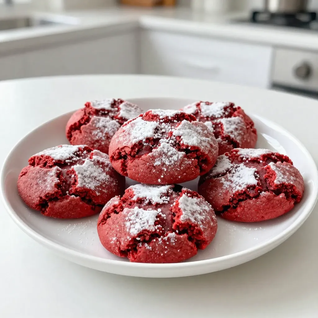 - 2 cups all-purpose flour - 1 tablespoon cocoa powder - 1 teaspoon baking powder - ½ teaspoon baking soda - ½ teaspoon salt - ½ cup unsalted butter, softened - 1 cup granulated sugar - 1 large egg - 1 tablespoon red food coloring - 1 teaspoon vanilla extract - Powdered sugar for dusting Red velvet crinkle cookies need a mix of basic ingredients. First, you need flour. It gives structure to the cookies. Cocoa powder adds a hint of chocolate flavor. Baking powder and baking soda help the cookies rise. Salt brings out the sweetness. Next, you will want unsalted butter. It makes the cookies rich and creamy. Granulated sugar sweetens the dough. You also need one large egg. It binds everything together. The star of the show is red food coloring. It gives the cookies their bright color. Finally, add a teaspoon of vanilla extract for extra flavor. After baking, dust the cookies with powdered sugar. This gives them a lovely finish and a sweet touch. Gather these ingredients, and you’re ready to bake! {{ingredient_image_1}} First, I preheat the oven to 350°F (175°C). I line my baking sheet with parchment paper. This helps the cookies not stick. Next, I whisk together the dry ingredients in a bowl. I mix 2 cups of all-purpose flour, 1 tablespoon of cocoa powder, 1 teaspoon of baking powder, ½ teaspoon of baking soda, and ½ teaspoon of salt. This dry mix is key for flavor and texture. Now, I move on to the cookie dough. In a large mixing bowl, I cream ½ cup of softened unsalted butter with 1 cup of granulated sugar. I beat this mixture until it is light and fluffy. This takes about 3 minutes. Next, I add 1 large egg to the bowl. I also pour in 1 tablespoon of red food coloring and 1 teaspoon of vanilla extract. I mix until everything is well combined. Then, I slowly add the dry mixture to the wet mix. I stir just until I see no more flour. I avoid overmixing to keep the cookies soft. After making the dough, I cover it with plastic wrap. I chill the dough in the fridge for at least 30 minutes. This helps the cookies hold their shape. Once the dough is firm, I scoop out tablespoon-sized portions. I roll each piece into a ball. Then, I roll each ball in powdered sugar until it is fully coated. I place them on the prepared baking sheet, leaving about 2 inches between each cookie. Finally, I bake the cookies for 10-12 minutes. I look for edges that are set but centers that are still soft. After baking, I let the cookies cool on the sheet for about 5 minutes. Then, I transfer them to a wire rack to cool completely. Enjoy the delightful smell and the anticipation of tasting these beautiful cookies! Achieving the perfect texture To get the best texture, chill the dough for at least 30 minutes. Chilling helps the cookies stay thick and chewy. When you bake them, the edges should be slightly firm, while the centers remain soft. This creates a nice contrast in every bite. Ensuring even baking Make sure your oven is preheated correctly. An oven thermometer can help with this. Also, place your baking sheet in the center of the oven. This allows hot air to flow evenly around the cookies. If you have multiple trays, rotate them halfway through baking for the best results. Presentation tricks for serving To make your cookies look fancy, arrange them on a colorful plate. Dust them lightly with more powdered sugar. This adds a nice touch and makes them look inviting. You can also stack them in a jar for a cute gift idea. Suggested pairings (milk, ice cream, etc.) These cookies pair perfectly with a cold glass of milk. The creamy taste complements the rich flavor of the cookies. You can also serve them with vanilla ice cream. The cold ice cream melts slightly on the warm cookies, creating a delightful treat. Enjoy these cookies in any way you like! Pro Tips Chill the Dough: Allowing the dough to chill for at least 30 minutes helps the cookies maintain their shape and creates a chewy texture. Use Gel Food Coloring: For a vibrant red color, opt for gel food coloring instead of liquid, as it provides a richer hue without adding extra moisture. Don't Overbake: Keep an eye on the cookies while baking; they should look slightly soft in the center when you remove them from the oven for a perfect chewy consistency. Add a Cream Cheese Filling: For an extra indulgent treat, consider filling the cookies with a cream cheese frosting after they've cooled. {{image_2}} You can change the flavor of your cookies easily. Adding chocolate chips gives a nice touch. Use about 1 cup of semi-sweet or dark chocolate chips. Swap some flour for cocoa powder to keep the red color. You can also add nuts, like chopped walnuts or pecans. This gives a crunchy bite that pairs well with the soft cookie. Another fun option is to use different flavor extracts. Try almond or coconut extract for a twist. Just add about a half teaspoon to the dough for a new taste. Experiment with these changes to find your favorite mix. If you need gluten-free cookies, use gluten-free flour. Brands like Bob's Red Mill work well. You can replace the all-purpose flour in the recipe with equal amounts of gluten-free flour. Be sure to check if it includes xanthan gum, as this helps with texture. For vegan options, substitute the egg with a flax egg. Mix 1 tablespoon of ground flaxseed with 2.5 tablespoons of water. Let it sit for five minutes to thicken. Use vegan butter instead of regular butter. This way, you can enjoy delicious cookies while sticking to your diet. To keep your Red Velvet Crinkle Cookies fresh at room temperature, place them in an airtight container. This method helps maintain their soft texture and rich flavor. You can store them for up to five days. If you want to keep them extra special, layer parchment paper between the cookies. This helps prevent them from sticking together. If you want to save your cookies for later, freezing is a great option. Allow the cookies to cool completely after baking. Then, place them in a single layer on a baking sheet. Freeze them for about an hour. This step helps them keep their shape. Once frozen, transfer the cookies to a freezer bag or an airtight container. Make sure to remove as much air as possible. You can store them in the freezer for up to three months. When you're ready to enjoy, let them thaw at room temperature for about 30 minutes. They will taste just as delicious as the day you made them! To keep your cookies from flattening, chill the dough. Refrigerate it for at least 30 minutes. This helps the butter firm up. You can also use a little extra flour. Add a tablespoon more if needed. Yes, you can make the dough ahead of time. Prepare the dough and refrigerate it up to 2 days. Just make sure to wrap it well in plastic wrap. When ready to bake, roll it into balls and coat in powdered sugar. If you lack red food coloring, you can use beet juice. It gives a natural red hue. Another option is to skip the color. The cookies will still taste great, but they will not have the classic red look. These cookies stay fresh for about one week at room temperature. Store them in an airtight container. For longer freshness, freeze the cookies. They can last up to three months in the freezer. Just thaw them before serving. We covered a fun cookie recipe packed with flavor and color. You learned about the key ingredients, step-by-step instructions, and baking tips to make the perfect cookies. I shared ways to store them and answered common questions. By trying this recipe, you’ll create tasty treats that everyone will love. Experimenting with flavors and decorations can make your cookies even more special. Enjoy baking and sharing your delicious creations!