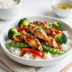 To make this dish, you need a few key items. Here are the main ingredients: - 1 lb boneless, skinless chicken thighs, sliced into strips - 2 tablespoons honey - 3 cloves garlic, minced - 2 tablespoons soy sauce - 1 tablespoon sesame oil - 1 bell pepper (red or yellow), sliced - 1 cup broccoli florets - 1 cup snap peas - 1 tablespoon cornstarch mixed with 2 tablespoons water (for thickening) These ingredients bring a sweet and savory flavor to the dish. The chicken thighs stay juicy, while the veggies add crunch. You will need some basic tools for this recipe. Gather these supplies: - A large bowl for marinating - A skillet or wok for cooking - A whisk for mixing - A cutting board and knife for chopping Using the right tools makes cooking easier and more fun. A wok is great for stir-frying, as it heats evenly. To make your dish look and taste even better, try these garnishes: - 2 green onions, sliced - Sesame seeds These add color and a touch of extra flavor. They make your meal more appealing and delicious. {{ingredient_image_1}} Start by getting a large bowl. In it, whisk together 2 tablespoons of honey, minced garlic, soy sauce, and sesame oil. Slice your chicken thighs into strips and add them to the bowl. Mix well to coat the chicken. Let the chicken marinate for 15 minutes. This step adds great flavor and makes the chicken tender. Next, heat a large skillet or wok over medium-high heat. Once it is hot, add the marinated chicken and all the marinade. Cook the chicken for about 5-7 minutes. Stir occasionally, so it cooks evenly. Look for a nice brown color and make sure it is cooked through. Now, add your sliced bell pepper, broccoli florets, and snap peas into the skillet. Stir-fry for another 3-4 minutes. You want the veggies to be tender but still crisp. They add color and crunch to your dish. Finally, add the cornstarch mixed with water to the skillet. Cook for 1-2 minutes until the sauce thickens slightly. Remove from heat and garnish with green onions and sesame seeds before serving. Enjoy your honey garlic chicken stir-fry over rice or noodles! To make a great stir-fry, keep a few tips in mind: - Use high heat: This helps to cook quickly and adds a nice sear. - Prep all ingredients first: Have everything ready before cooking. It makes the process smooth. - Don’t overcrowd the pan: Cook in batches if needed. This keeps the chicken juicy. - Stir constantly: This helps the food cook evenly and prevents burning. If you don’t have the exact ingredients, here are some swaps: - Chicken thighs: Use chicken breast or tofu for a different protein. - Honey: Maple syrup or agave nectar works well too. - Soy sauce: Coconut aminos or tamari are great gluten-free options. - Vegetables: Feel free to swap in carrots, snap peas, or zucchini. To take your dish up a notch, try these ideas: - Add ginger: Fresh ginger gives a warm, spicy kick. - Include citrus: A squeeze of lime adds brightness. - Use fresh herbs: Cilantro or basil can enhance freshness. - Sprinkle with chili flakes: This adds heat without changing the dish too much. Pro Tips Marinate for Maximum Flavor: Allow the chicken to marinate for at least 15 minutes, or up to an hour for a deeper flavor infusion. Use Fresh Vegetables: Fresh vegetables not only enhance the color of your dish but also provide better texture and nutrition. Adjust the Sauce Thickness: If you prefer a thicker sauce, add a little more cornstarch mixed with water until you reach your desired consistency. Garnish for Presentation: Don't skip the garnishes! Sliced green onions and sesame seeds add a beautiful touch and extra flavor to your dish. {{image_2}} You can easily add more veggies to this dish. Try carrots, zucchini, or mushrooms. These add color and nutrition. Just chop them up and toss them in while cooking. The cooking time stays the same. This way, you get a mix of flavors and textures. If you want to switch proteins, chicken is not the only choice. You can use shrimp, beef, or tofu. Shrimp cooks fast and brings a nice taste. Beef adds a hearty feel. Tofu is great for a vegetarian option. Just make sure to cut them into bite-sized pieces. The cooking times may vary, so keep an eye on them. To make your dish spicy, add red pepper flakes or sriracha. Start with a small amount and taste as you go. You can always add more heat. If you prefer fresh spice, try sliced jalapeños. They give a fresh kick. Adjust the heat based on your taste. This way, you can enjoy the sweet honey garlic flavor with a fiery twist. To keep your honey garlic chicken stir-fry fresh, store it in an airtight container. Place the cooled dish in the fridge within two hours. It will last for about three to four days. Always let it cool before sealing. This helps prevent moisture buildup. When it's time to enjoy leftovers, the microwave is quick and easy. Place the stir-fry in a microwave-safe bowl. Heat it in short bursts of one minute. Stir between each burst to heat evenly. You can also reheat it in a pan over low heat. Add a splash of water or broth to keep it moist. You can freeze honey garlic chicken stir-fry if you want to save it for later. First, let it cool completely. Then, transfer it to a freezer bag or container. Remove as much air as possible to prevent freezer burn. It will stay good for about three months. When ready to eat, thaw it overnight in the fridge before reheating. You can serve honey garlic chicken stir-fry with cooked rice or noodles. Both options soak up the tasty sauce. You can also add a side of steamed veggies or a fresh salad. This balance makes your meal colorful and healthy. Yes, you can make this dish ahead of time. Cook the chicken and veggies, then store them in the fridge. You can reheat it before serving. However, prepare the rice or noodles fresh for the best taste and texture. To add spice, include sliced chilies or red pepper flakes. You can also use spicy soy sauce or add a splash of sriracha. Start with a small amount and taste as you go. This way, you can find the heat level you enjoy best. This blog post showed you how to make honey garlic chicken stir-fry. We covered key ingredients, cooking steps, and useful tips. You learned about variations and storage methods for leftovers. I hope you feel inspired to try this dish. It’s easy and delicious. Enjoy making your stir-fry and share it with friends and family. You will impress them with your cooking skills!