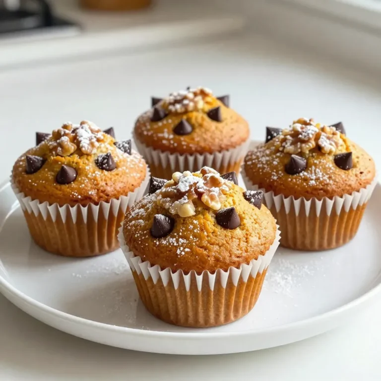 To make the best chocolate chip pumpkin muffins, gather these tasty items: - 1 cup canned pumpkin puree - 1/2 cup unsalted butter, melted - 1 cup brown sugar - 1/2 cup granulated sugar - 2 large eggs - 1 teaspoon vanilla extract - 1 1/2 cups all-purpose flour - 1 teaspoon baking soda - 1 teaspoon baking powder - 1 teaspoon ground cinnamon - 1/2 teaspoon ground nutmeg - 1/4 teaspoon salt - 1 cup chocolate chips (semi-sweet or milk chocolate) - 1/2 cup chopped walnuts (optional) Sometimes, you might want to switch up measurements. Here are some common conversions: - 1 cup = 16 tablespoons - 1/2 cup = 8 tablespoons - 1 teaspoon = 5 milliliters - 1 tablespoon = 15 milliliters Using these conversions can help if you need to adjust portions or use different measuring tools. If you run out of an ingredient, no worries! Here are some easy swaps: - Canned pumpkin puree: You can use fresh pumpkin puree or mashed sweet potatoes. - Unsalted butter: Use coconut oil or vegetable oil for a dairy-free option. - Granulated sugar: Try using honey or maple syrup, but adjust the liquid in the recipe. - All-purpose flour: Substitute with almond flour or gluten-free flour for a gluten-free version. - Chocolate chips: Use dark chocolate chips, white chocolate, or even dried fruit for a twist. These substitutions can help you customize the muffins to your taste or dietary needs. {{ingredient_image_1}} First, preheat your oven to 350°F (175°C). This heat makes the muffins rise well. Next, line your muffin tin with paper liners. If you don’t have liners, lightly grease the tin with butter or cooking spray. This step keeps the muffins from sticking. In a large bowl, take 1 cup of canned pumpkin puree. Add 1/2 cup of melted unsalted butter, 1 cup of brown sugar, and 1/2 cup of granulated sugar. Whisk these together until they are smooth. Next, crack in 2 large eggs, one at a time. Mix well after each egg. Finally, stir in 1 teaspoon of vanilla extract for extra flavor. In a separate bowl, sift together 1 1/2 cups of all-purpose flour, 1 teaspoon of baking soda, 1 teaspoon of baking powder, 1 teaspoon of ground cinnamon, 1/2 teaspoon of ground nutmeg, and 1/4 teaspoon of salt. Sifting helps blend the ingredients well. This mix adds a nice rise and flavor to your muffins. Now, gradually add the dry mix to the wet ingredients. Use a spatula to fold until just combined. Be careful not to overmix, as this can make your muffins tough. Gently fold in 1 cup of chocolate chips and 1/2 cup of chopped walnuts, if you like. This adds a tasty crunch. Spoon the batter into your prepared muffin cups. Fill each cup about 3/4 full to allow space for rising. Place the muffin tin in the oven and bake for 18-20 minutes. To check for doneness, insert a toothpick into the center. If it comes out clean, your muffins are ready. After baking, let the muffins cool in the tin for about 5 minutes. This step helps them firm up. Then, transfer them to a wire rack to cool completely. Enjoy them warm or at room temperature! To get soft and fluffy muffins, you need the right balance of wet and dry. The canned pumpkin puree gives moisture and flavor, while the butter adds richness. Use both brown and granulated sugar for sweetness and depth. This mix helps create a tender crumb. Overmixing is a common mistake. It makes muffins tough instead of light. When you combine the wet and dry ingredients, mix until just combined. A few lumps are okay. Gently fold in the chocolate chips and walnuts, if you choose to add them. Let your muffins cool completely on a wire rack. Store them in an airtight container at room temperature for up to three days. For longer storage, freeze them in a zip-top bag. Just reheat them in the oven or microwave when you want a warm treat. Pro Tips Use Fresh Spices: For the best flavor, use freshly ground spices like cinnamon and nutmeg instead of pre-ground. This will enhance the aroma and taste of your muffins. Check Doneness Carefully: To avoid overbaking, check your muffins a minute or two before the suggested time. A toothpick should come out with a few moist crumbs, not wet batter. Substitute for Health: You can substitute half of the all-purpose flour with whole wheat flour for a healthier option without compromising taste. Storage Tips: Store leftover muffins in an airtight container at room temperature for up to 3 days, or freeze them for longer storage. Just reheat in the oven for a warm treat! {{image_2}} You can easily make these muffins dairy-free. Substitute the unsalted butter with coconut oil or a dairy-free margarine. Use almond milk or oat milk instead of any dairy milk if a recipe calls for it. The muffins will still taste amazing and moist. Want to add more flavors? Here are some great ideas: - Chopped nuts: Walnuts or pecans add a nice crunch. - Dried fruit: Raisins or cranberries bring in sweetness. - Spices: Try adding ginger or cloves for a spicy kick. - Zest: A little orange or lemon zest brightens the flavors. Feel free to mix and match these add-ins to suit your taste. You can change these muffins for different seasons. In the fall, add some apple chunks for a harvest twist. In winter, sprinkle in some peppermint chips for a festive treat. For spring, consider adding fresh berries like blueberries or strawberries. Each season brings fresh flavors to enjoy! To keep your chocolate chip pumpkin muffins fresh, store them in an airtight container. They stay best at room temperature for up to three days. If you want them to last longer, place them in the fridge. Just remember, they may dry out a bit in the fridge. You can freeze these muffins for later enjoyment. First, let them cool completely. Wrap each muffin in plastic wrap tightly. Then, place them in a freezer bag or container. They can stay in the freezer for up to three months. When you are ready to eat, just take them out and thaw. To enjoy your muffins warm, preheat your oven to 350°F (175°C). Place the muffins on a baking sheet and heat for about 5 to 10 minutes. If you prefer the microwave, heat each muffin for about 15 to 20 seconds. This keeps them soft and tasty! Yes, you can use fresh pumpkin. Start by roasting a small pumpkin. Cut it in half, scoop out the seeds, and place it cut-side down on a baking sheet. Roast it at 350°F for about 45 minutes, or until soft. Once cool, scoop the flesh and mash it until smooth. This fresh puree gives a nice taste, but it may add a bit more moisture. You might need to adjust the flour slightly to balance the texture. If you need a butter substitute, try using coconut oil. Melt the coconut oil and use the same amount as the butter. You can also use applesauce for a healthier option. Use half the amount of applesauce compared to butter. This swap reduces fat and adds a bit of sweetness. To make gluten-free muffins, replace the all-purpose flour with a gluten-free flour blend. Look for a blend that works well for baking, like one with xanthan gum. You might also use almond flour or oat flour, but adjust the liquid as needed. Gluten-free muffins can be a bit denser, so keep an eye on the baking time. These muffins stay fresh for about 3 days at room temperature. Store them in an airtight container to keep them moist. For longer storage, place them in the fridge for up to a week. You can also freeze them for up to 3 months. Just let them cool completely, then wrap them tightly before freezing. In this blog post, we explored the key ingredients, mixing steps, and tips for perfect muffins. You learned how to prep the oven, combine wet and dry ingredients, and avoid overmixing. We shared fun variations and storage tips too. Muffins can be simple and fun to make. Enjoy experimenting and personalizing your recipes. Happy baking!