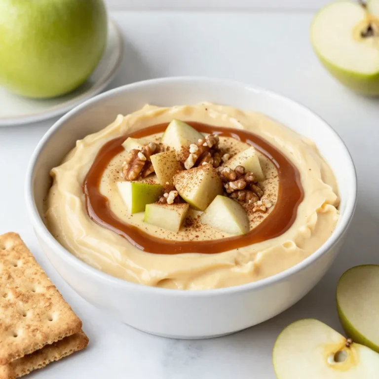 - 8 oz cream cheese, softened - 1 cup powdered sugar - 1 teaspoon vanilla extract - 1 cup sour cream - 1 cup finely diced apples (Granny Smith or Honeycrisp) - 1/2 cup caramel sauce, plus extra for drizzling - 1/2 teaspoon cinnamon - 1/4 cup chopped walnuts or pecans (optional) - Dipping options: graham crackers, apple slices, or pretzel sticks When measuring ingredients, accuracy matters. Use a dry measuring cup for powdered sugar and a liquid measuring cup for sour cream. Softening cream cheese helps it mix well. If you forget to soften it, microwave it for about 10 seconds. For apples, chop them finely for easy dipping. Choose firm apples to add crunch and flavor. If you want to change things up, try using Greek yogurt instead of sour cream. You can also use almond butter in place of caramel sauce for a nutty twist. If you don't like walnuts or pecans, skip them or use almonds. You can use any sweetener if you want a low-sugar version. {{ingredient_image_1}} To start, gather all your ingredients. You will need: - 8 oz cream cheese, softened - 1 cup powdered sugar - 1 teaspoon vanilla extract - 1 cup sour cream - 1 cup finely diced apples (Granny Smith or Honeycrisp) - 1/2 cup caramel sauce, plus extra for drizzling - 1/2 teaspoon cinnamon - 1/4 cup chopped walnuts or pecans (optional) - Dipping options: graham crackers, apple slices, or pretzel sticks Ensure your cream cheese is at room temperature. This helps it mix smoothly. Dice your apples into small pieces. This way, they blend well in the dip. In a mixing bowl, beat the softened cream cheese with an electric mixer. Mix until it is smooth and creamy. Slowly add the powdered sugar. Keep mixing until everything is well combined. Next, add the vanilla extract and sour cream. Mix again until the dip is light and fluffy. Gently fold in the diced apples, caramel sauce, and cinnamon. If you like nuts, fold them in at this stage. They add a nice crunch. Now, transfer the cheesecake dip to a serving bowl. Use a spatula to smooth the top. Drizzle extra caramel sauce over the dip. If you want, sprinkle more cinnamon or chopped nuts on top for a nice look. Serve the dip right away. Offer graham crackers, apple slices, or pretzel sticks for dipping. Enjoy your delicious Caramel Apple Cheesecake Dip! To get a smooth and creamy dip, start with softened cream cheese. I let mine sit out for about 30 minutes. This helps it mix better. Use an electric mixer to beat the cream cheese until it is fluffy. When you add the powdered sugar, do it slowly. This keeps the texture light. Mixing in sour cream also adds creaminess. Be gentle when folding in the apples. This keeps chunks intact for a nice bite. You can boost the flavor in many ways. Try adding a splash more of vanilla extract for a richer taste. A dash of nutmeg pairs well with cinnamon. If you like nuts, add chopped walnuts or pecans for crunch. You can even mix in a bit of lemon juice to brighten the flavor. Drizzling extra caramel on top adds a sweet finish. Many people forget to soften the cream cheese. This leads to lumps in the dip. Avoid mixing too fast, as it can create air bubbles. If you add too much caramel sauce, the dip may get runny. Make sure to chop the apples finely, so they mix well. Finally, don’t skip the cinnamon; it really ties the flavors together. Pro Tips Choose the Right Apples: Opt for tart apples like Granny Smith or sweet ones like Honeycrisp for the best flavor contrast in your dip. Make it Creamy: Ensure your cream cheese is fully softened for a smooth and creamy texture, which is key to a delicious dip. Customize Your Toppings: Feel free to mix in different nuts, like almonds or pecans, or add a sprinkle of sea salt for a gourmet touch. Chill Before Serving: For a more refreshing taste, chill the dip for about 30 minutes before serving to let the flavors meld together. {{image_2}} You can add a fun twist to your dip by using seasonal flavors. For fall, try pumpkin spice. Just mix in a tablespoon of pumpkin puree and add a teaspoon of pumpkin spice. This gives a warm, cozy taste that fits perfectly with the season. For winter, consider adding peppermint extract for a refreshing kick. While graham crackers and apple slices are classic, you can mix it up! Try pretzel sticks for a salty crunch. You can also use cookies like vanilla wafers or chocolate chip cookies. Even sliced pears or cinnamon sugar pita chips make great dippers. Feel free to get creative with your favorites. If you want a gluten-free version, swap out graham crackers for gluten-free options. Many brands offer tasty gluten-free crackers. For a vegan dip, use a plant-based cream cheese and a vegan sour cream. You can also replace the powdered sugar with coconut sugar for a healthier choice. These adjustments keep the flavor while making it suitable for everyone. To keep your cheesecake dip fresh, cover it tightly. I use plastic wrap or a lid. Place the dip in the fridge. This helps keep its creamy texture and flavor. You can store the dip in the fridge for up to three days. If you want to freeze it, do so without the apples and caramel on top. In an airtight container, it can last for two months. When you are ready to eat, thaw it in the fridge overnight. This dip is best served cold or at room temperature. If you prefer it warm, heat it gently in the microwave. Use short bursts of time, around 15 seconds, to avoid overheating. Stir after each burst to ensure even heating. Yes, you can make this dip ahead of time. I like to prepare it a few hours before serving. This allows the flavors to mix well. Just keep it in the fridge until you are ready to serve. Granny Smith and Honeycrisp apples work best for this dip. Granny Smith apples add a nice tartness. Honeycrisp apples bring a sweet crunch. Both add great flavor and texture. Absolutely! Store-bought caramel sauce is a great shortcut. It saves time and still tastes delicious. Just pour it over the dip for a quick finish. You can keep leftover dip in the fridge for up to three days. Make sure to store it in an airtight container. This helps keep it fresh and tasty. Try serving the dip with graham crackers, apple slices, or pretzel sticks. You can also add mini cookies or even chocolate-covered pretzels. Get creative and enjoy your dip! This blog post covered key points for making Caramel Apple Cheesecake Dip. We explored the essential ingredients, step-by-step instructions, and helpful tips for the best results. You learned about popular variations and how to store leftovers. I hope these insights help you create a delicious dip that delights everyone. Remember, experimenting with flavors can make it even more fun. Enjoy your dip-making journey, and share your results with friends and family!