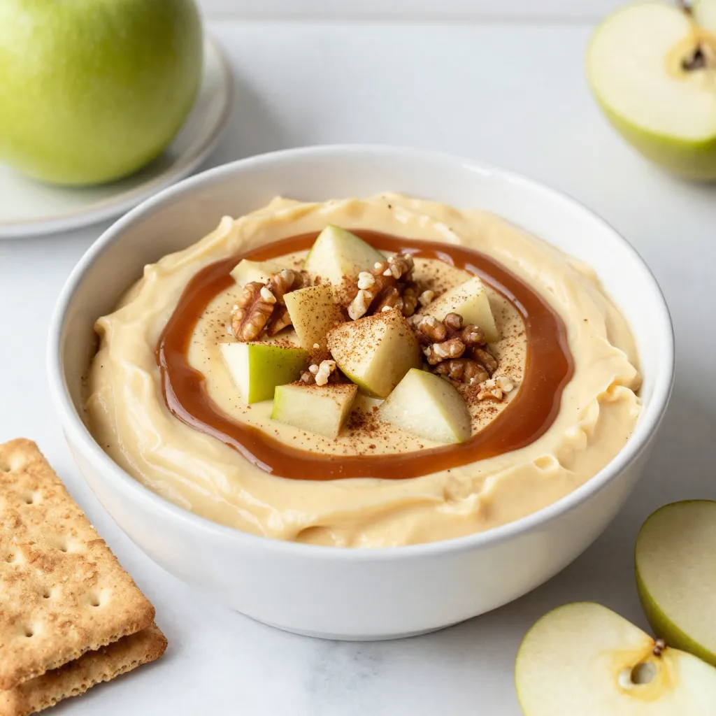 - 8 oz cream cheese, softened - 1 cup powdered sugar - 1 teaspoon vanilla extract - 1 cup sour cream - 1 cup finely diced apples (Granny Smith or Honeycrisp) - 1/2 cup caramel sauce, plus extra for drizzling - 1/2 teaspoon cinnamon - 1/4 cup chopped walnuts or pecans (optional) - Dipping options: graham crackers, apple slices, or pretzel sticks When measuring ingredients, accuracy matters. Use a dry measuring cup for powdered sugar and a liquid measuring cup for sour cream. Softening cream cheese helps it mix well. If you forget to soften it, microwave it for about 10 seconds. For apples, chop them finely for easy dipping. Choose firm apples to add crunch and flavor. If you want to change things up, try using Greek yogurt instead of sour cream. You can also use almond butter in place of caramel sauce for a nutty twist. If you don't like walnuts or pecans, skip them or use almonds. You can use any sweetener if you want a low-sugar version. {{ingredient_image_1}} To start, gather all your ingredients. You will need: - 8 oz cream cheese, softened - 1 cup powdered sugar - 1 teaspoon vanilla extract - 1 cup sour cream - 1 cup finely diced apples (Granny Smith or Honeycrisp) - 1/2 cup caramel sauce, plus extra for drizzling - 1/2 teaspoon cinnamon - 1/4 cup chopped walnuts or pecans (optional) - Dipping options: graham crackers, apple slices, or pretzel sticks Ensure your cream cheese is at room temperature. This helps it mix smoothly. Dice your apples into small pieces. This way, they blend well in the dip. In a mixing bowl, beat the softened cream cheese with an electric mixer. Mix until it is smooth and creamy. Slowly add the powdered sugar. Keep mixing until everything is well combined. Next, add the vanilla extract and sour cream. Mix again until the dip is light and fluffy. Gently fold in the diced apples, caramel sauce, and cinnamon. If you like nuts, fold them in at this stage. They add a nice crunch. Now, transfer the cheesecake dip to a serving bowl. Use a spatula to smooth the top. Drizzle extra caramel sauce over the dip. If you want, sprinkle more cinnamon or chopped nuts on top for a nice look. Serve the dip right away. Offer graham crackers, apple slices, or pretzel sticks for dipping. Enjoy your delicious Caramel Apple Cheesecake Dip! To get a smooth and creamy dip, start with softened cream cheese. I let mine sit out for about 30 minutes. This helps it mix better. Use an electric mixer to beat the cream cheese until it is fluffy. When you add the powdered sugar, do it slowly. This keeps the texture light. Mixing in sour cream also adds creaminess. Be gentle when folding in the apples. This keeps chunks intact for a nice bite. You can boost the flavor in many ways. Try adding a splash more of vanilla extract for a richer taste. A dash of nutmeg pairs well with cinnamon. If you like nuts, add chopped walnuts or pecans for crunch. You can even mix in a bit of lemon juice to brighten the flavor. Drizzling extra caramel on top adds a sweet finish. Many people forget to soften the cream cheese. This leads to lumps in the dip. Avoid mixing too fast, as it can create air bubbles. If you add too much caramel sauce, the dip may get runny. Make sure to chop the apples finely, so they mix well. Finally, don’t skip the cinnamon; it really ties the flavors together. Pro Tips Choose the Right Apples: Opt for tart apples like Granny Smith or sweet ones like Honeycrisp for the best flavor contrast in your dip. Make it Creamy: Ensure your cream cheese is fully softened for a smooth and creamy texture, which is key to a delicious dip. Customize Your Toppings: Feel free to mix in different nuts, like almonds or pecans, or add a sprinkle of sea salt for a gourmet touch. Chill Before Serving: For a more refreshing taste, chill the dip for about 30 minutes before serving to let the flavors meld together. {{image_2}} You can add a fun twist to your dip by using seasonal flavors. For fall, try pumpkin spice. Just mix in a tablespoon of pumpkin puree and add a teaspoon of pumpkin spice. This gives a warm, cozy taste that fits perfectly with the season. For winter, consider adding peppermint extract for a refreshing kick. While graham crackers and apple slices are classic, you can mix it up! Try pretzel sticks for a salty crunch. You can also use cookies like vanilla wafers or chocolate chip cookies. Even sliced pears or cinnamon sugar pita chips make great dippers. Feel free to get creative with your favorites. If you want a gluten-free version, swap out graham crackers for gluten-free options. Many brands offer tasty gluten-free crackers. For a vegan dip, use a plant-based cream cheese and a vegan sour cream. You can also replace the powdered sugar with coconut sugar for a healthier choice. These adjustments keep the flavor while making it suitable for everyone. To keep your cheesecake dip fresh, cover it tightly. I use plastic wrap or a lid. Place the dip in the fridge. This helps keep its creamy texture and flavor. You can store the dip in the fridge for up to three days. If you want to freeze it, do so without the apples and caramel on top. In an airtight container, it can last for two months. When you are ready to eat, thaw it in the fridge overnight. This dip is best served cold or at room temperature. If you prefer it warm, heat it gently in the microwave. Use short bursts of time, around 15 seconds, to avoid overheating. Stir after each burst to ensure even heating. Yes, you can make this dip ahead of time. I like to prepare it a few hours before serving. This allows the flavors to mix well. Just keep it in the fridge until you are ready to serve. Granny Smith and Honeycrisp apples work best for this dip. Granny Smith apples add a nice tartness. Honeycrisp apples bring a sweet crunch. Both add great flavor and texture. Absolutely! Store-bought caramel sauce is a great shortcut. It saves time and still tastes delicious. Just pour it over the dip for a quick finish. You can keep leftover dip in the fridge for up to three days. Make sure to store it in an airtight container. This helps keep it fresh and tasty. Try serving the dip with graham crackers, apple slices, or pretzel sticks. You can also add mini cookies or even chocolate-covered pretzels. Get creative and enjoy your dip! This blog post covered key points for making Caramel Apple Cheesecake Dip. We explored the essential ingredients, step-by-step instructions, and helpful tips for the best results. You learned about popular variations and how to store leftovers. I hope these insights help you create a delicious dip that delights everyone. Remember, experimenting with flavors can make it even more fun. Enjoy your dip-making journey, and share your results with friends and family!