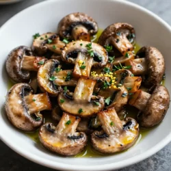 - 1 pound mixed mushrooms (cremini, shiitake, or button) - 4 cloves garlic, minced - 2 tablespoons fresh parsley, chopped - 1 tablespoon fresh thyme leaves - 1 tablespoon olive oil - 1 teaspoon balsamic vinegar - Salt and pepper to taste - Zest of 1 lemon Using fresh herbs is key to this dish. They add bright flavors that dried herbs can’t match. Fresh parsley brings a clean taste, while thyme adds earthiness. Together, they make the mushrooms pop. Balsamic vinegar is also important. It enhances the mushrooms' natural sweetness. Just a teaspoon adds depth and a slight tang. This balance makes every bite exciting and full of flavor. You can use other mushrooms, like portobello or oyster. Each type brings its own unique taste. If you don’t have fresh herbs, dried ones can work, but use less. Dried herbs are stronger, so adjust to your taste. {{ingredient_image_1}} 1. Preheat the oven. Set your oven to 400°F (200°C). This step is key for even roasting. 2. Clean and trim mushrooms. Rinse your mixed mushrooms under cold water. Use a brush or cloth to wipe off any dirt. Trim the stems if they are tough. 1. Combine mushrooms with garlic and herbs. In a large bowl, add the cleaned mushrooms. Toss in the minced garlic, chopped parsley, and thyme leaves. 2. Proper seasoning tips. Drizzle the olive oil and balsamic vinegar over the mushrooms. Toss well to coat every piece. Then, add salt, pepper, and lemon zest. Mix again until all ingredients are combined. 1. Spread on baking sheet. Line a baking sheet with parchment paper. Spread the mushrooms in a single layer. This helps them roast evenly. 2. Roasting guidelines and timing. Place the baking sheet in the preheated oven. Roast for 20 to 25 minutes. Stir halfway through for even cooking. The mushrooms are done when they are tender and golden brown. Mix the mushrooms halfway through cooking. This helps them cook evenly. Stirring ensures all sides get that nice golden color. Look for a deep brown hue and a tender feel when they are done. The mushrooms should also release their juices. Garnish the mushrooms with fresh herbs and a sprinkle of lemon zest. This adds color and a bright taste. Pair them with grilled chicken or serve over pasta. You can also add them to a salad for extra flavor. Always preheat your oven before roasting. This step is key for the best results. Avoid overcrowding the baking sheet, too. If the mushrooms are too close, they will steam instead of roast. Give each piece room to cook properly. Pro Tips Use Fresh Herbs: Fresh herbs like parsley and thyme add vibrant flavor. Dried herbs can be used in a pinch, but fresh is always best for this dish. Experiment with Mushrooms: Different types of mushrooms bring unique flavors and textures. Mixing varieties like shiitake and cremini enhances the dish. Don’t Crowd the Pan: Give the mushrooms space on the baking sheet to ensure they roast evenly and develop a nice golden color. Drizzle with Extra Olive Oil: For an even richer flavor, drizzle a little extra olive oil before serving to enhance the dish's overall taste. {{image_2}} You can spice up Garlic Herb Roasted Mushrooms in many fun ways. - Add spices: Try paprika for warmth or chili flakes for heat. - Incorporate cheese or nuts: Sprinkle parmesan for creaminess or add chopped walnuts for crunch. These simple tweaks can create new flavors and textures. You can easily adapt this dish to fit your diet. - Make it vegan: Skip cheese and use only plant-based oils. - Gluten-free option: This recipe is naturally gluten-free, so enjoy without worry. - Low-sodium seasoning: Use fresh herbs and lemon zest instead of salt for flavor. These changes help everyone enjoy this dish. Leftover roasted mushrooms can find new life in other meals. - Repurpose in other dishes: Toss them into salads, omelets, or pasta. - Creative ways to use grilled or roasted mushrooms: Blend into soups for depth or use as a pizza topping. These ideas help minimize waste and add flavor to your meals. After you enjoy your Garlic Herb Roasted Mushrooms, store the leftovers right away. Use an airtight container or a resealable plastic bag. This keeps them fresh and helps maintain their flavor. Place the container in the fridge. Your mushrooms will taste best if used within three days. When reheating, you want to keep the mushrooms tasty and tender. The best method is to use the oven. Preheat it to 350°F (175°C). Spread the mushrooms on a baking sheet and heat for about 10 minutes. Check them often to avoid drying out. You can also use them in new recipes. Add them to pasta, omelets, or soups for extra flavor. Yes, you can freeze Garlic Herb Roasted Mushrooms! First, let them cool completely. Then, place them in a freezer-safe container or bag. Remove as much air as you can. When you're ready to enjoy them, thaw the mushrooms overnight in the fridge. To reheat, use the oven as mentioned above. This helps keep their great taste and texture. You can use mixed mushrooms like cremini, shiitake, or button. These types have great flavor and texture. Cremini mushrooms are rich and earthy. Shiitake mushrooms add a nice umami kick. Button mushrooms are mild and tender. Mix them for a balanced taste in your dish. Garlic Herb Roasted Mushrooms can last in the fridge for about three to five days. Store them in an airtight container. Make sure they cool down before sealing. Check for any signs of spoilage before eating. If they smell off or look slimy, throw them out for safety. Yes, you can prepare Garlic Herb Roasted Mushrooms ahead of time. Clean and season the mushrooms as directed. Store them in the fridge for up to a day before roasting. When you're ready, just roast them in the oven. They reheat well and still taste great. Enjoy them warm for the best flavor! This blog post covered how to make Garlic Herb Roasted Mushrooms. I shared key ingredients and their benefits, like fresh herbs and balsamic vinegar. We explored preparation steps and roasting techniques to achieve the perfect texture. I also provided tips to avoid common mistakes and suggested how to use leftovers. In conclusion, making Garlic Herb Roasted Mushrooms is simple and rewarding. Enjoy experimenting with flavors and variations to make this dish your own!