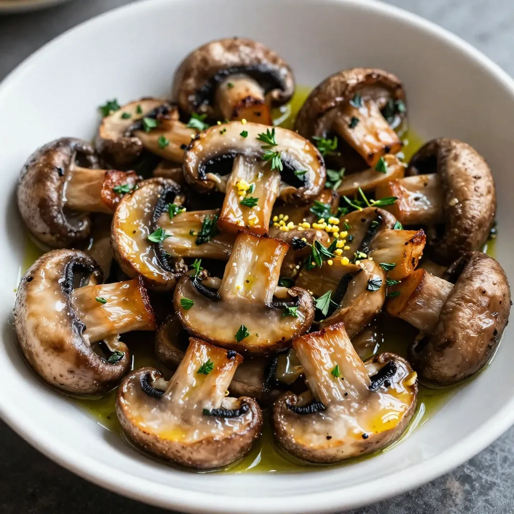- 1 pound mixed mushrooms (cremini, shiitake, or button) - 4 cloves garlic, minced - 2 tablespoons fresh parsley, chopped - 1 tablespoon fresh thyme leaves - 1 tablespoon olive oil - 1 teaspoon balsamic vinegar - Salt and pepper to taste - Zest of 1 lemon Using fresh herbs is key to this dish. They add bright flavors that dried herbs can’t match. Fresh parsley brings a clean taste, while thyme adds earthiness. Together, they make the mushrooms pop. Balsamic vinegar is also important. It enhances the mushrooms' natural sweetness. Just a teaspoon adds depth and a slight tang. This balance makes every bite exciting and full of flavor. You can use other mushrooms, like portobello or oyster. Each type brings its own unique taste. If you don’t have fresh herbs, dried ones can work, but use less. Dried herbs are stronger, so adjust to your taste. {{ingredient_image_1}} 1. Preheat the oven. Set your oven to 400°F (200°C). This step is key for even roasting. 2. Clean and trim mushrooms. Rinse your mixed mushrooms under cold water. Use a brush or cloth to wipe off any dirt. Trim the stems if they are tough. 1. Combine mushrooms with garlic and herbs. In a large bowl, add the cleaned mushrooms. Toss in the minced garlic, chopped parsley, and thyme leaves. 2. Proper seasoning tips. Drizzle the olive oil and balsamic vinegar over the mushrooms. Toss well to coat every piece. Then, add salt, pepper, and lemon zest. Mix again until all ingredients are combined. 1. Spread on baking sheet. Line a baking sheet with parchment paper. Spread the mushrooms in a single layer. This helps them roast evenly. 2. Roasting guidelines and timing. Place the baking sheet in the preheated oven. Roast for 20 to 25 minutes. Stir halfway through for even cooking. The mushrooms are done when they are tender and golden brown. Mix the mushrooms halfway through cooking. This helps them cook evenly. Stirring ensures all sides get that nice golden color. Look for a deep brown hue and a tender feel when they are done. The mushrooms should also release their juices. Garnish the mushrooms with fresh herbs and a sprinkle of lemon zest. This adds color and a bright taste. Pair them with grilled chicken or serve over pasta. You can also add them to a salad for extra flavor. Always preheat your oven before roasting. This step is key for the best results. Avoid overcrowding the baking sheet, too. If the mushrooms are too close, they will steam instead of roast. Give each piece room to cook properly. Pro Tips Use Fresh Herbs: Fresh herbs like parsley and thyme add vibrant flavor. Dried herbs can be used in a pinch, but fresh is always best for this dish. Experiment with Mushrooms: Different types of mushrooms bring unique flavors and textures. Mixing varieties like shiitake and cremini enhances the dish. Don’t Crowd the Pan: Give the mushrooms space on the baking sheet to ensure they roast evenly and develop a nice golden color. Drizzle with Extra Olive Oil: For an even richer flavor, drizzle a little extra olive oil before serving to enhance the dish's overall taste. {{image_2}} You can spice up Garlic Herb Roasted Mushrooms in many fun ways. - Add spices: Try paprika for warmth or chili flakes for heat. - Incorporate cheese or nuts: Sprinkle parmesan for creaminess or add chopped walnuts for crunch. These simple tweaks can create new flavors and textures. You can easily adapt this dish to fit your diet. - Make it vegan: Skip cheese and use only plant-based oils. - Gluten-free option: This recipe is naturally gluten-free, so enjoy without worry. - Low-sodium seasoning: Use fresh herbs and lemon zest instead of salt for flavor. These changes help everyone enjoy this dish. Leftover roasted mushrooms can find new life in other meals. - Repurpose in other dishes: Toss them into salads, omelets, or pasta. - Creative ways to use grilled or roasted mushrooms: Blend into soups for depth or use as a pizza topping. These ideas help minimize waste and add flavor to your meals. After you enjoy your Garlic Herb Roasted Mushrooms, store the leftovers right away. Use an airtight container or a resealable plastic bag. This keeps them fresh and helps maintain their flavor. Place the container in the fridge. Your mushrooms will taste best if used within three days. When reheating, you want to keep the mushrooms tasty and tender. The best method is to use the oven. Preheat it to 350°F (175°C). Spread the mushrooms on a baking sheet and heat for about 10 minutes. Check them often to avoid drying out. You can also use them in new recipes. Add them to pasta, omelets, or soups for extra flavor. Yes, you can freeze Garlic Herb Roasted Mushrooms! First, let them cool completely. Then, place them in a freezer-safe container or bag. Remove as much air as you can. When you're ready to enjoy them, thaw the mushrooms overnight in the fridge. To reheat, use the oven as mentioned above. This helps keep their great taste and texture. You can use mixed mushrooms like cremini, shiitake, or button. These types have great flavor and texture. Cremini mushrooms are rich and earthy. Shiitake mushrooms add a nice umami kick. Button mushrooms are mild and tender. Mix them for a balanced taste in your dish. Garlic Herb Roasted Mushrooms can last in the fridge for about three to five days. Store them in an airtight container. Make sure they cool down before sealing. Check for any signs of spoilage before eating. If they smell off or look slimy, throw them out for safety. Yes, you can prepare Garlic Herb Roasted Mushrooms ahead of time. Clean and season the mushrooms as directed. Store them in the fridge for up to a day before roasting. When you're ready, just roast them in the oven. They reheat well and still taste great. Enjoy them warm for the best flavor! This blog post covered how to make Garlic Herb Roasted Mushrooms. I shared key ingredients and their benefits, like fresh herbs and balsamic vinegar. We explored preparation steps and roasting techniques to achieve the perfect texture. I also provided tips to avoid common mistakes and suggested how to use leftovers. In conclusion, making Garlic Herb Roasted Mushrooms is simple and rewarding. Enjoy experimenting with flavors and variations to make this dish your own!